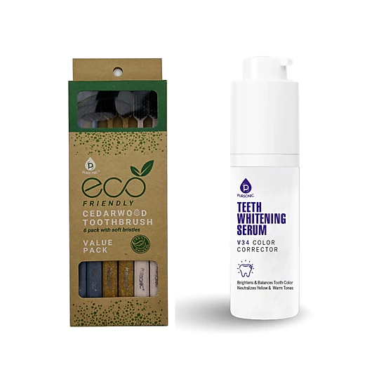Pursonic Unisex Natural Oral Care & Whitening Bundle: Natural Cedarwood Toothbrushes (6-Pack) & V34 Whitening Serum
