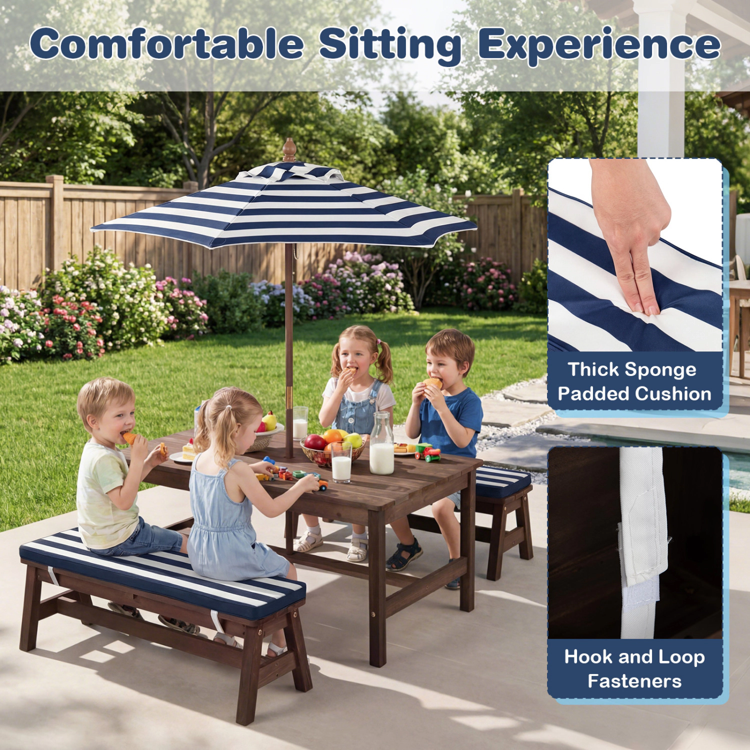Hivvago Outdoor Wooden Kids Picnic Table With Removable Umbrella And Cushions