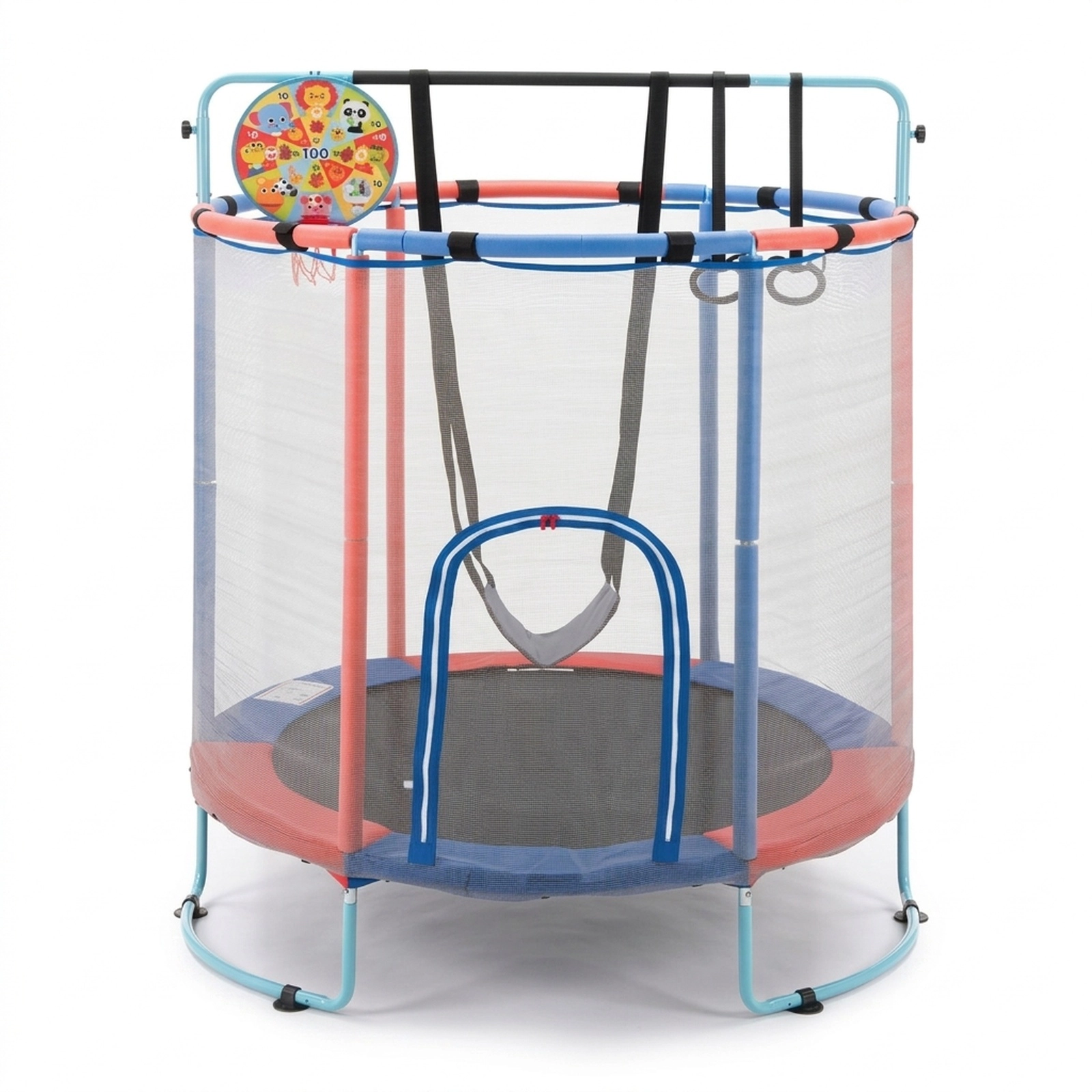 SUGIFT 55-in Kids Trampoline with Adjustable Gymnastics Bar & Basketball Hoop 110-lb Capacity Ages 3+ Navy/Purple/Yellow