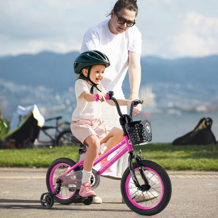 SUGIFT Pink Front Basket Training Wheels and Quick Release Seat Kids 14 Inch Bike