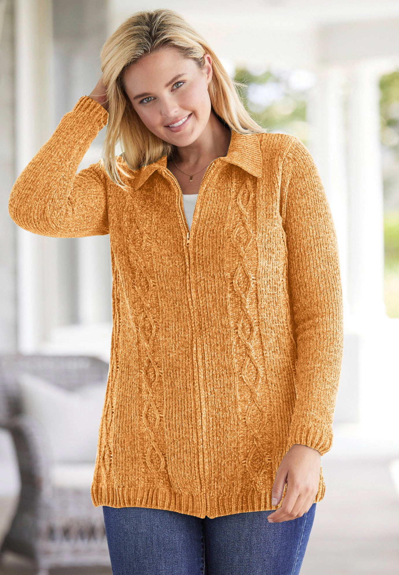 Woman Within Plus Size Chenille Zip Cable Cardigan Sweater