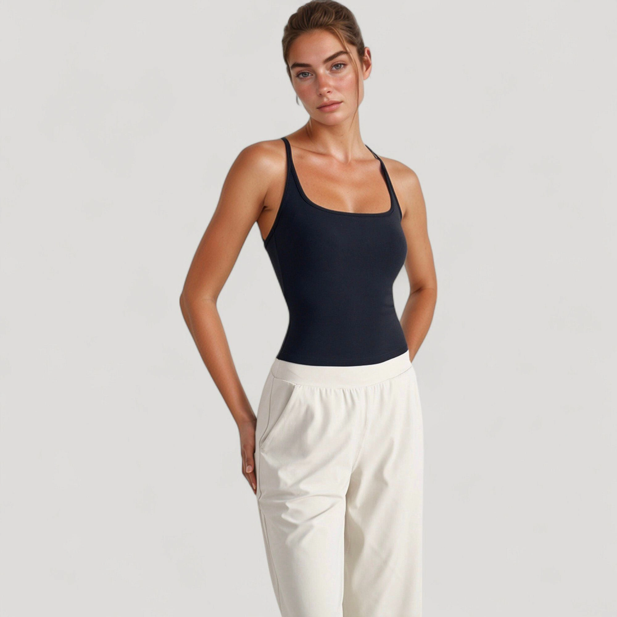 Anna-Kaci Women's Fitted Square Neck Tank Top with Built-In Bra and Racerback Design for Active Casual Comfort