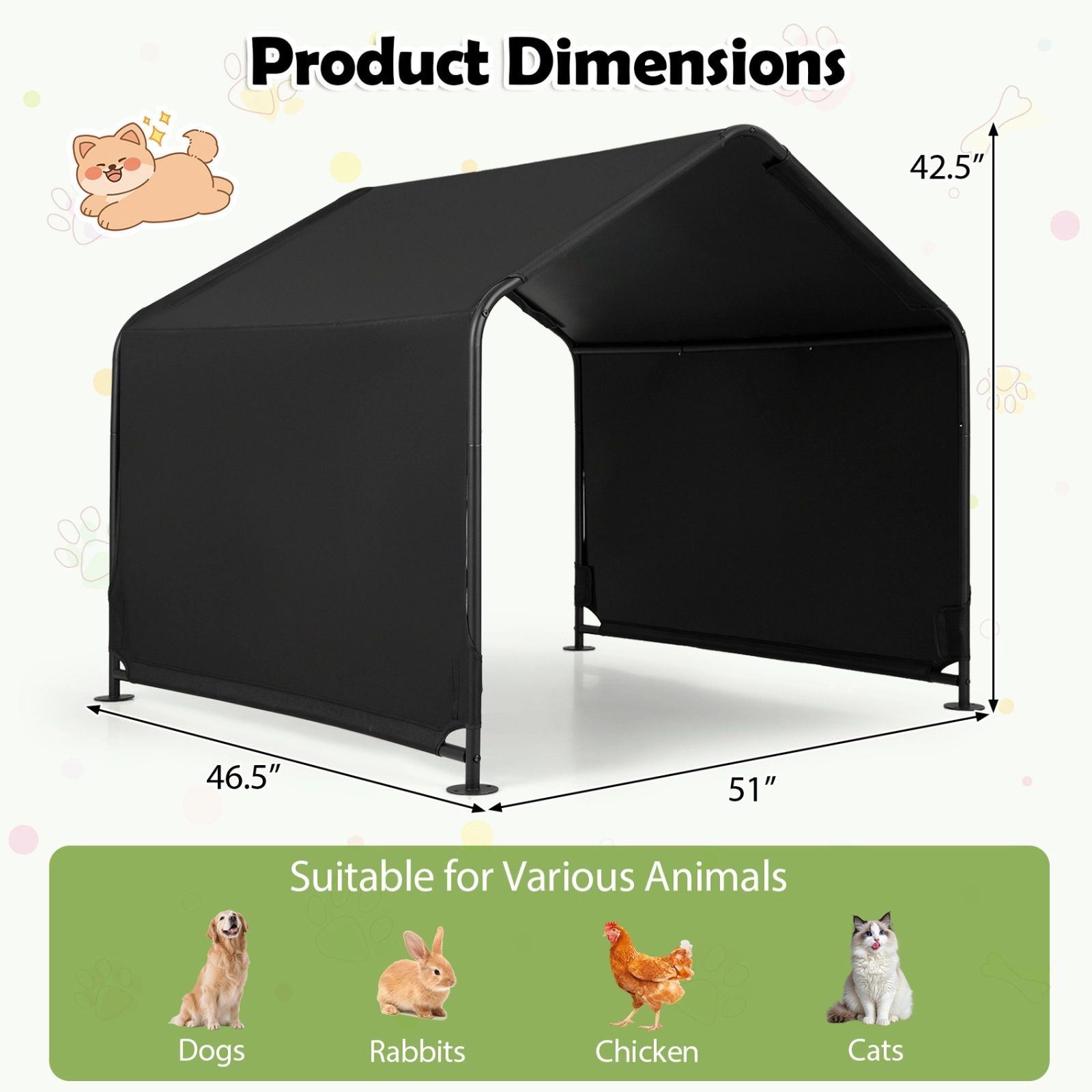 SUGIFT Outdoor Dog Shade Shelter Black with Waterproof Roof and Ground Stakes
