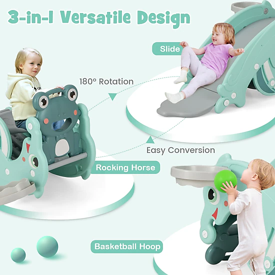 SUGIFT Green 3-in-1 Convertible Toddler Slide with Rocking Horse and Basketball Hoop 39.5-in Long 32-in Rocker
