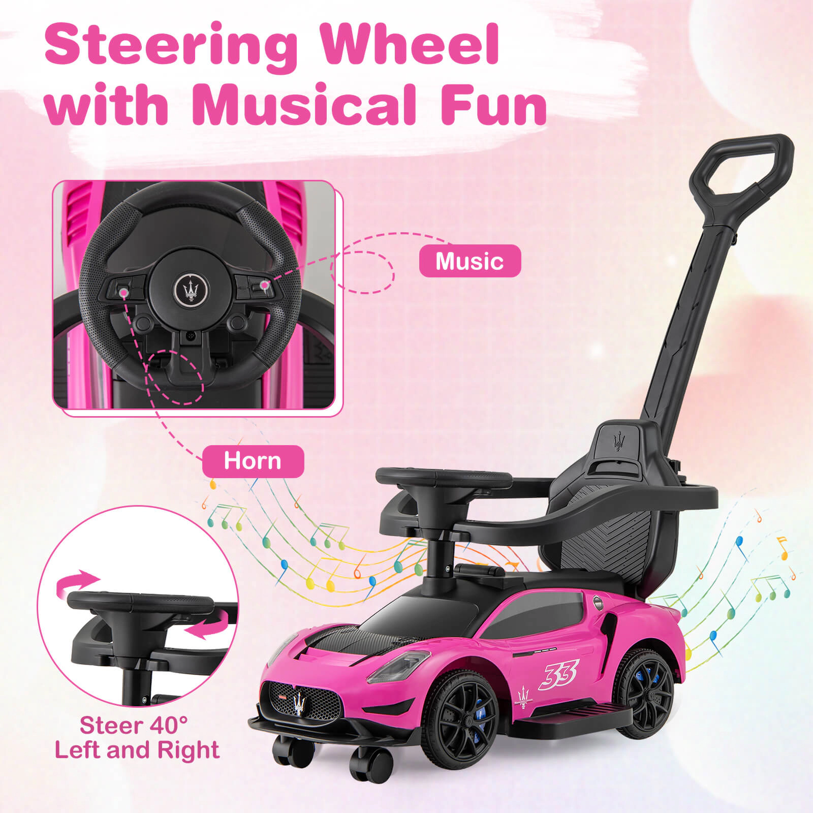 Costway 3-in-1 Ride on Push Car Maserati Licensed Foot to Floor Kids Sliding Walking Pink/White