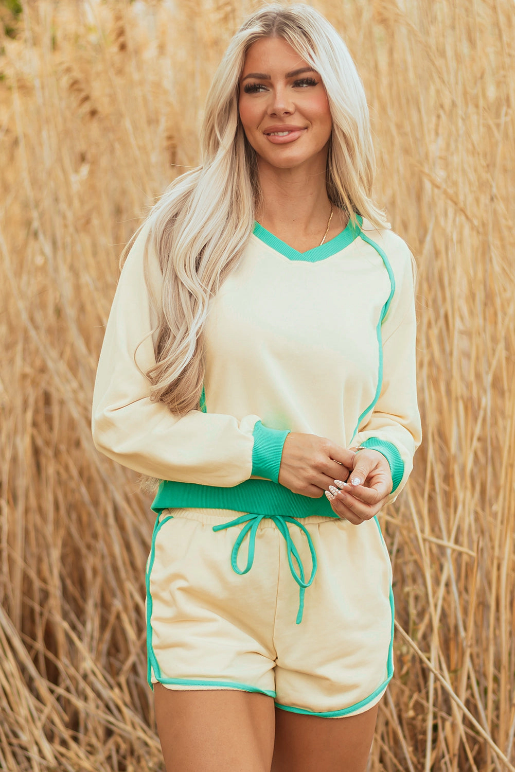 Threaded Pear Women's Wren Long Sleeve Pullover and Drawstring Shorts Outfit