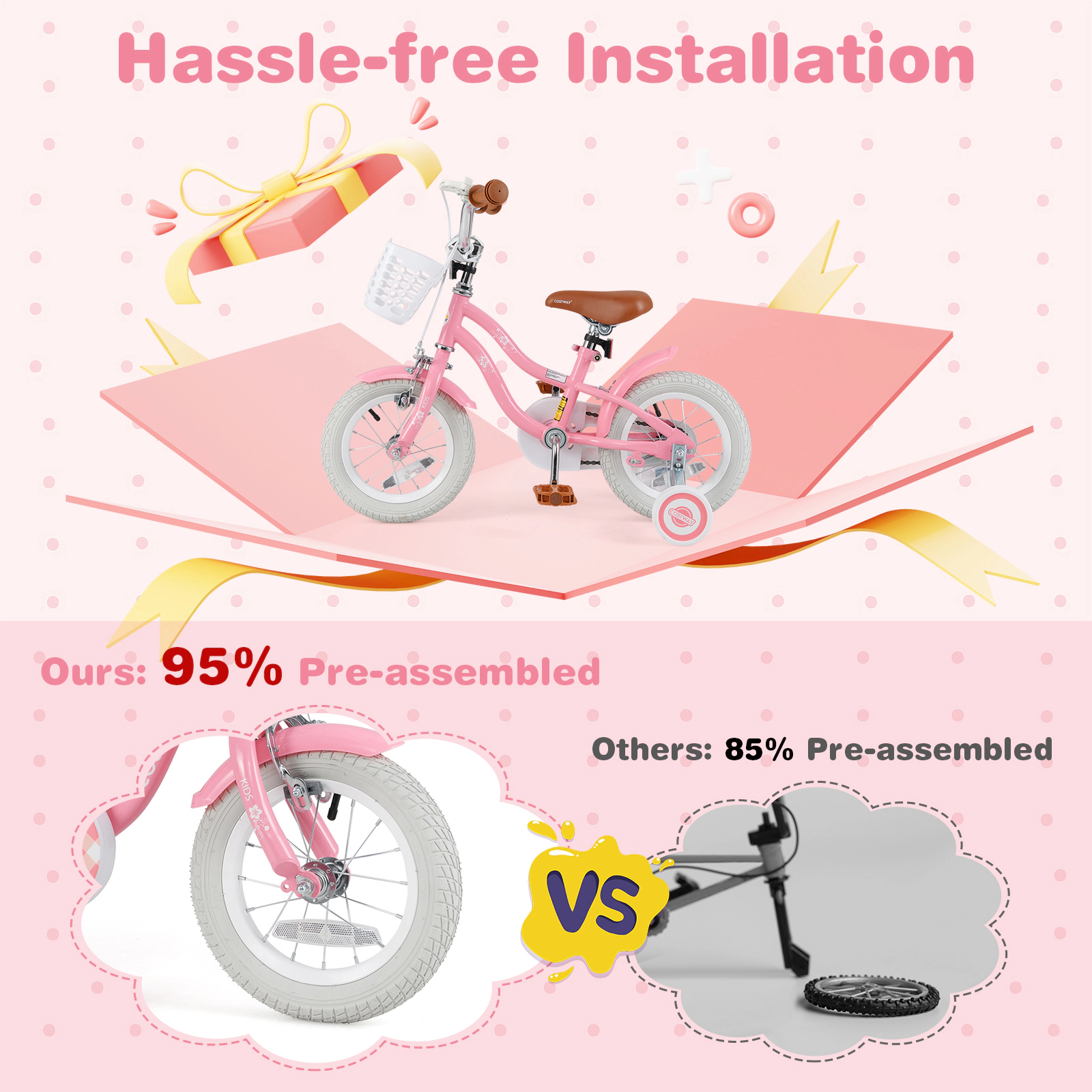 SUGIFT Height-Adjustable 12-Inch Kids Bicycle with Training Wheels and Basket 99-lb Seat Capacity Ages 3-4 Years Peach