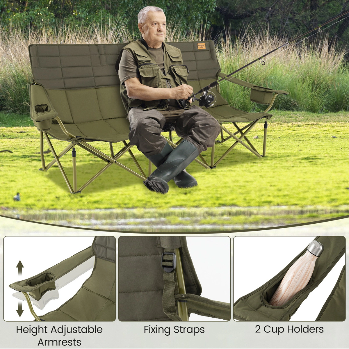 SUGIFT 900-lb Capacity 3-Person Extra Wide Folding Camping Chair Couch with 2 Cup Holders and Storage Bag