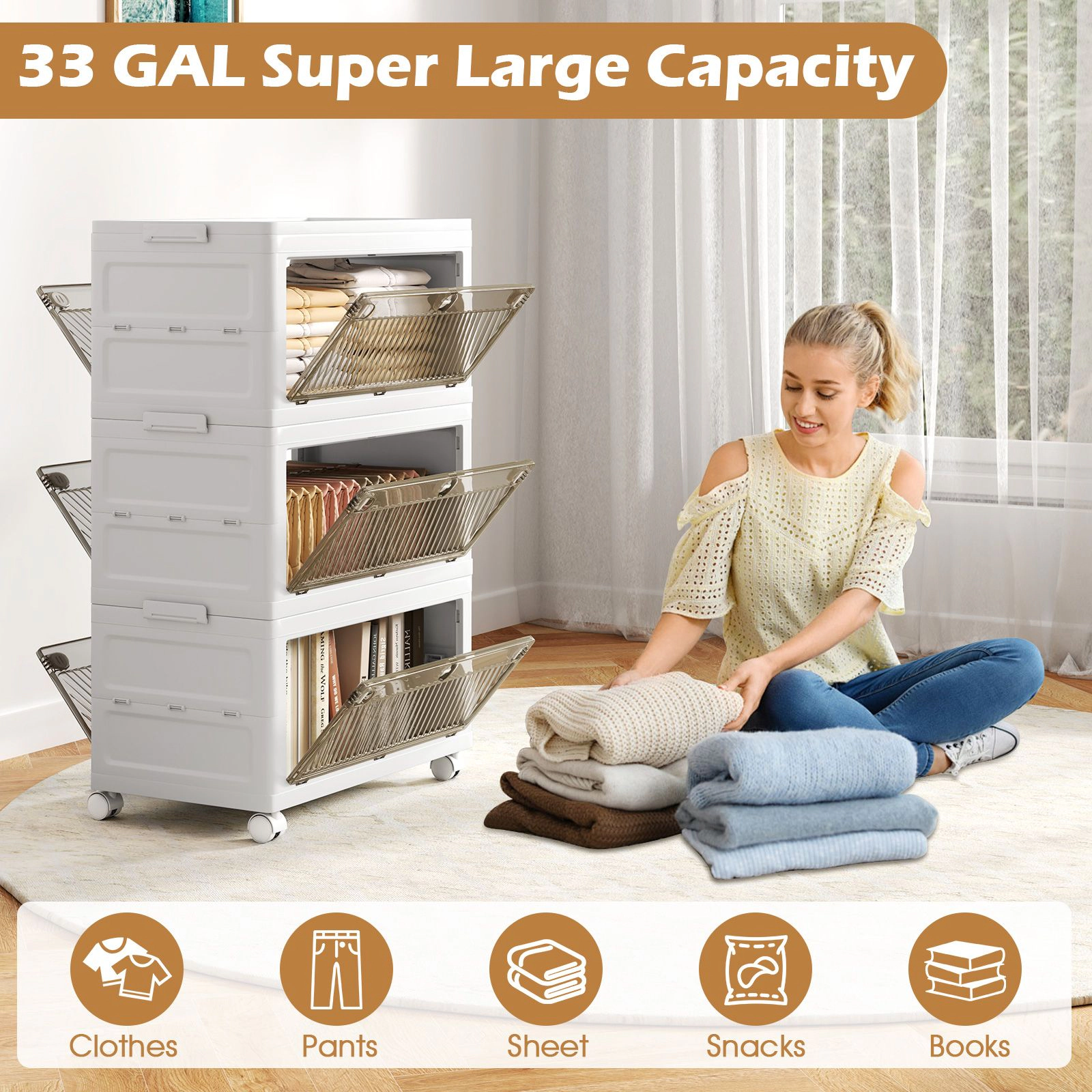 SlickBlue 3 Pack Stackable Storage Bins with Wheels and Folding Design