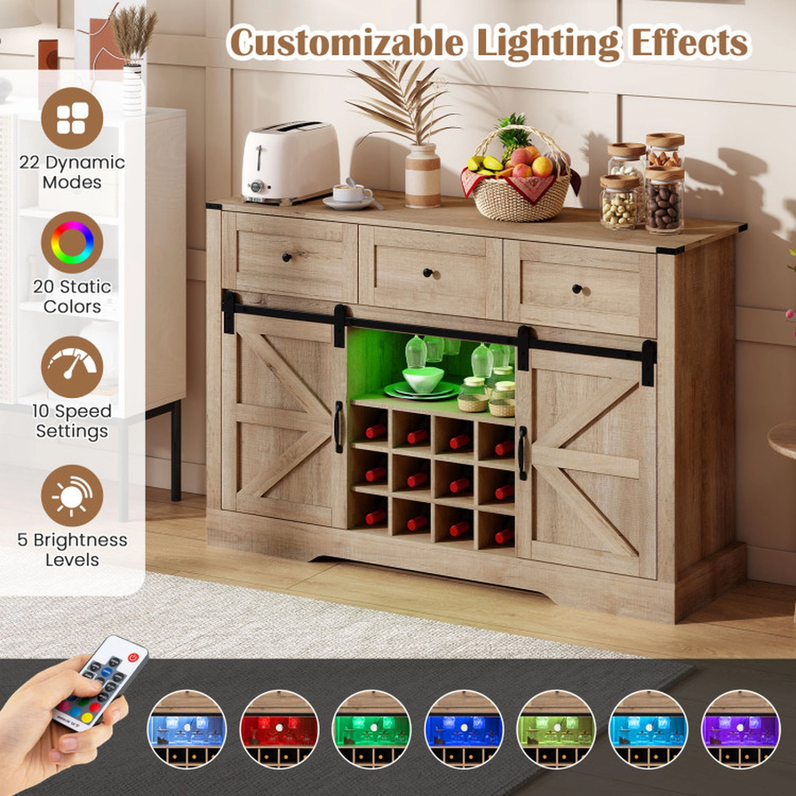 SUGIFT 52-in 240-lb Shelf Wine and Liquor Cabinet with LED Lights Remote Control and Sliding Barn Doors