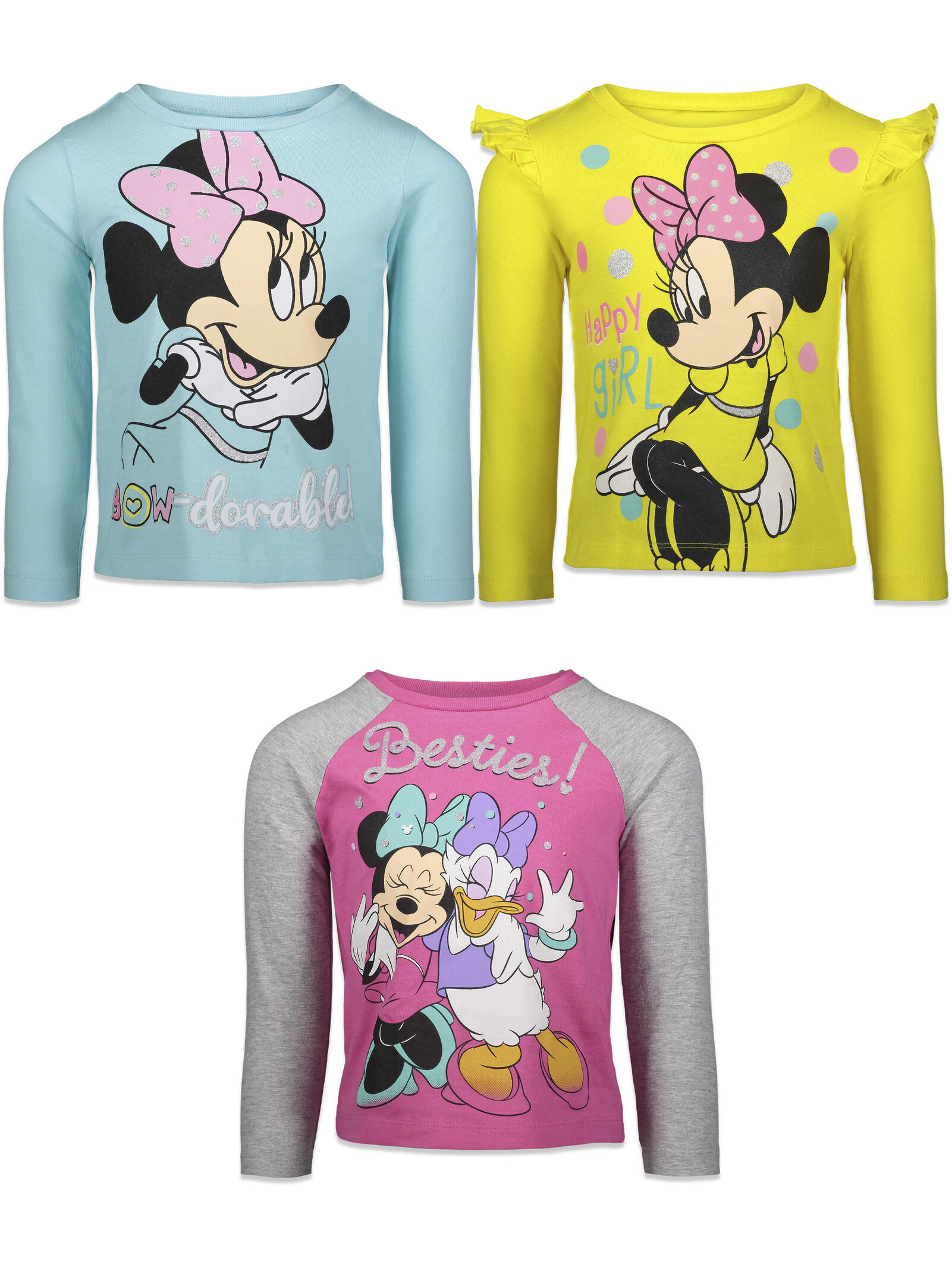 Disney Minnie Mouse Girls' 3-Pack Glitter Long Sleeve Tees
