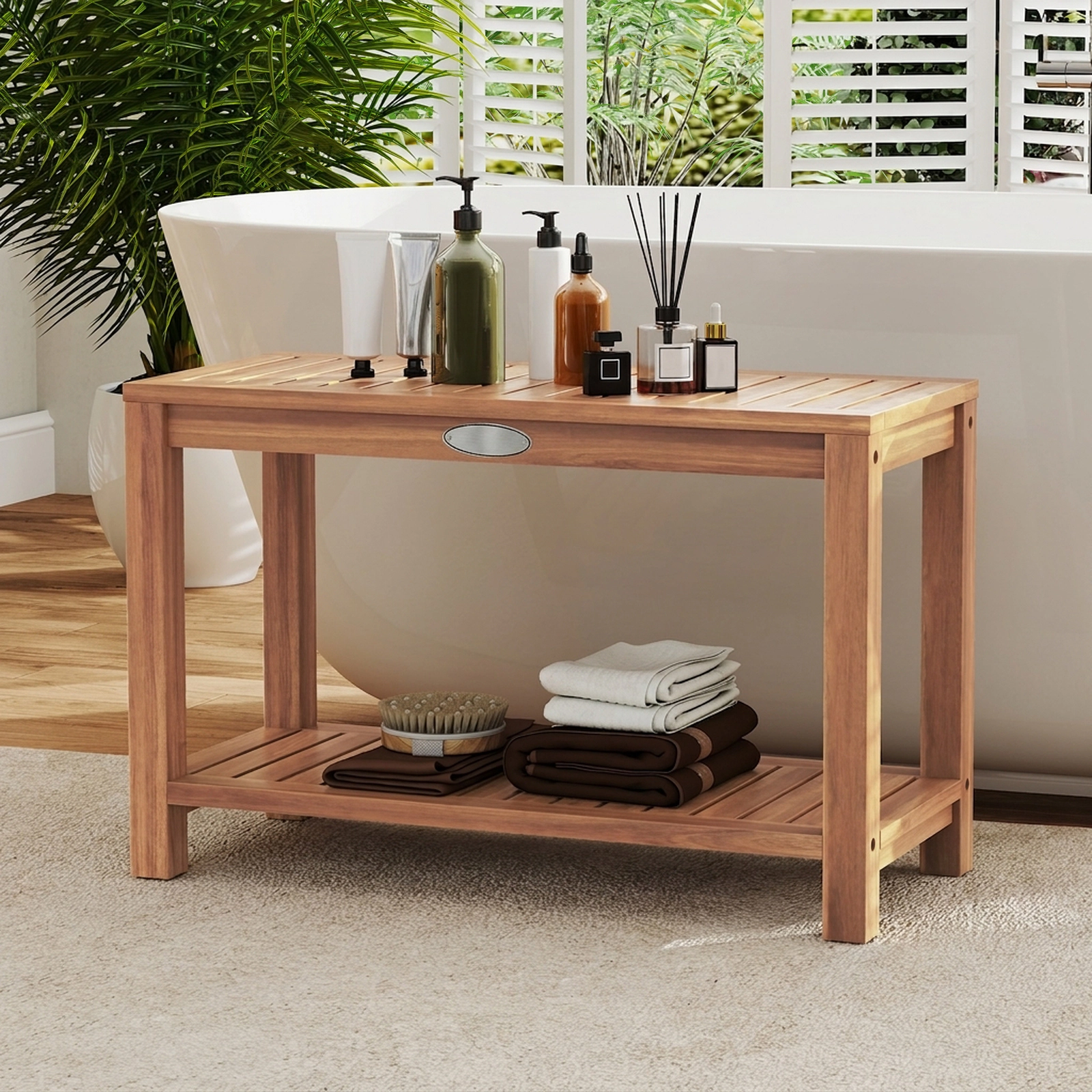 SUGIFT 2-Tier Slatted Storage Shelf Solid Teak Wood Shower Bench 30-in x 12.5-in x 18-in 330-lb Capacity Natural