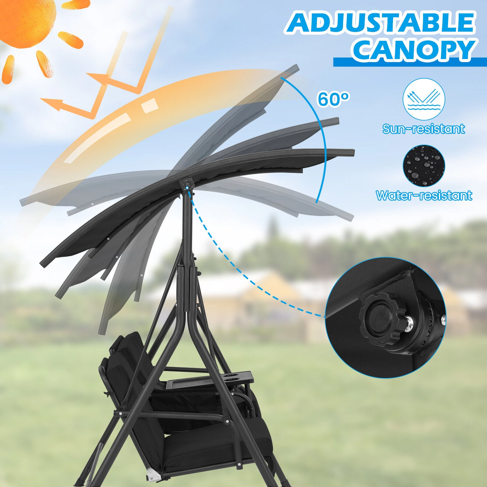 SUGIFT Black 2-Seat Outdoor Porch Swing with Adjustable Canopy, Rotating Tray and Cooler Bag