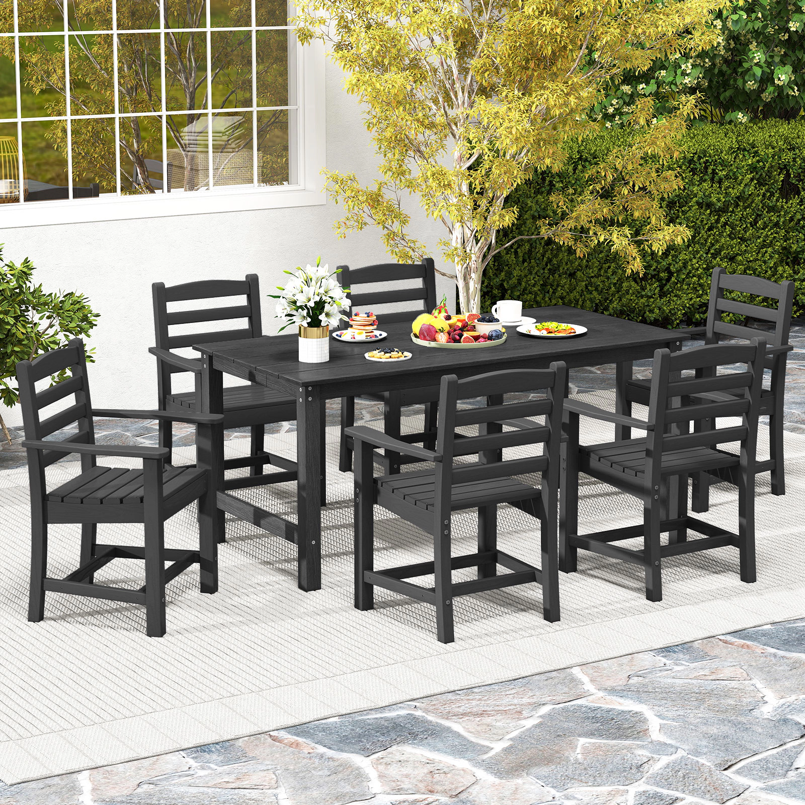 SUGIFT 67-Inch Black HDPE Outdoor Patio Dining Table for 6, Wood-Look Top with Umbrella Hole