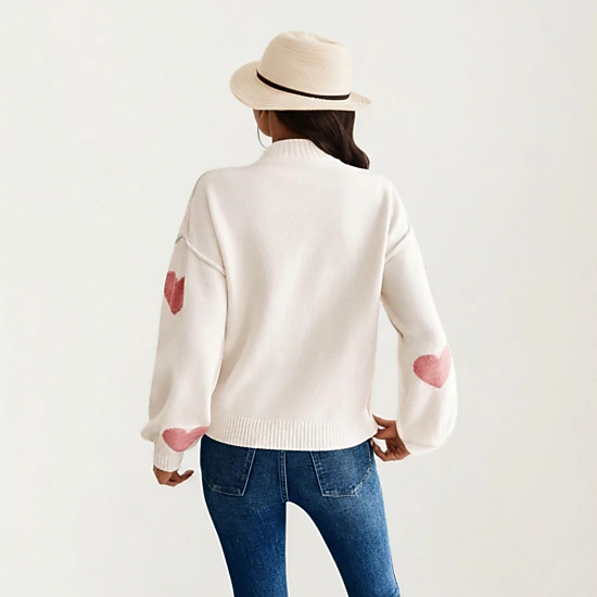 Anna-Kaci Women's Long Sleeve Valentine Knit Sweater with Heart Pattern and Ribbed Trim