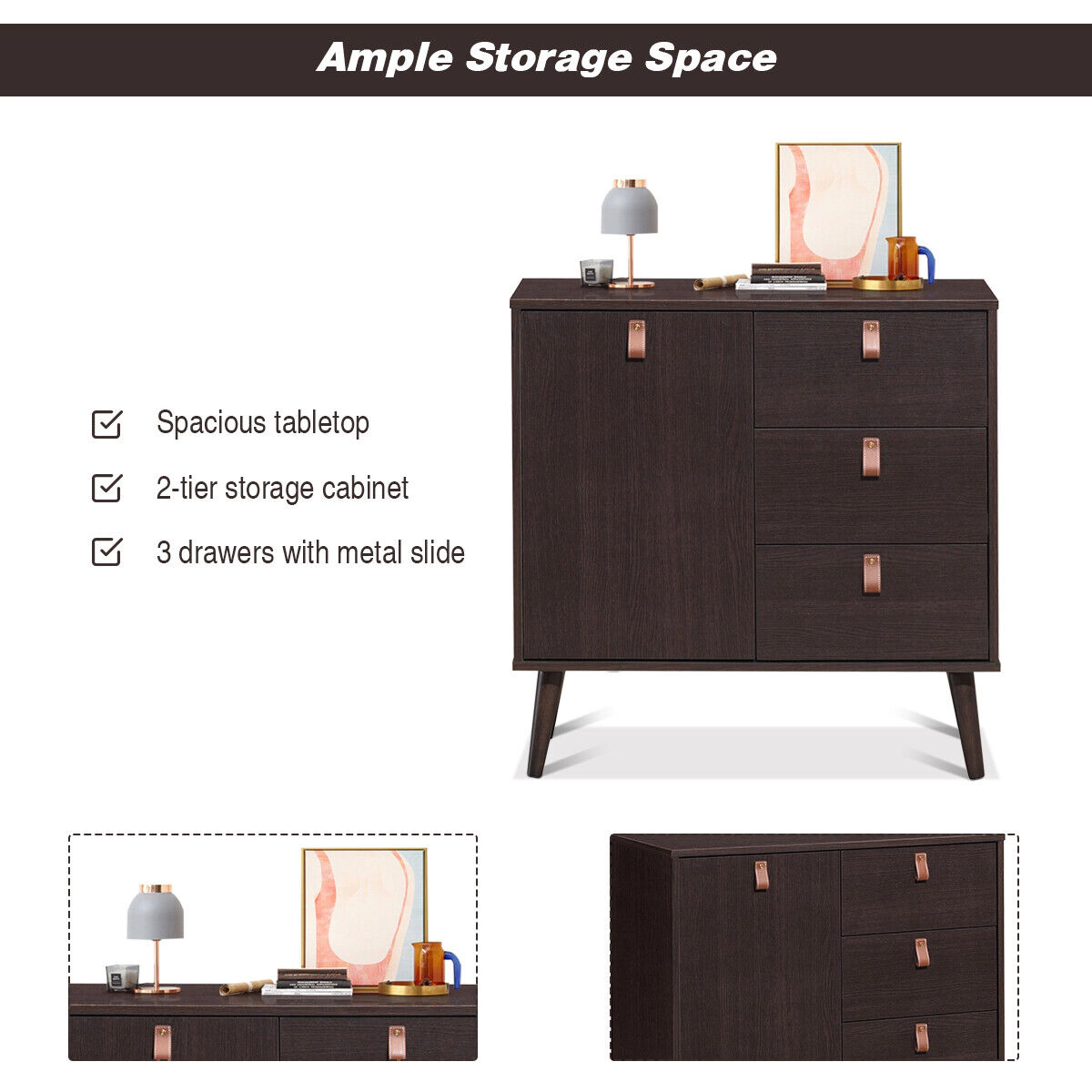 SUGIFT 3-Drawer Sideboard Storage Display Cabinet Dresser 35-lb Cabinet Capacity 20-lb Shelf 10-lb Drawer Brown