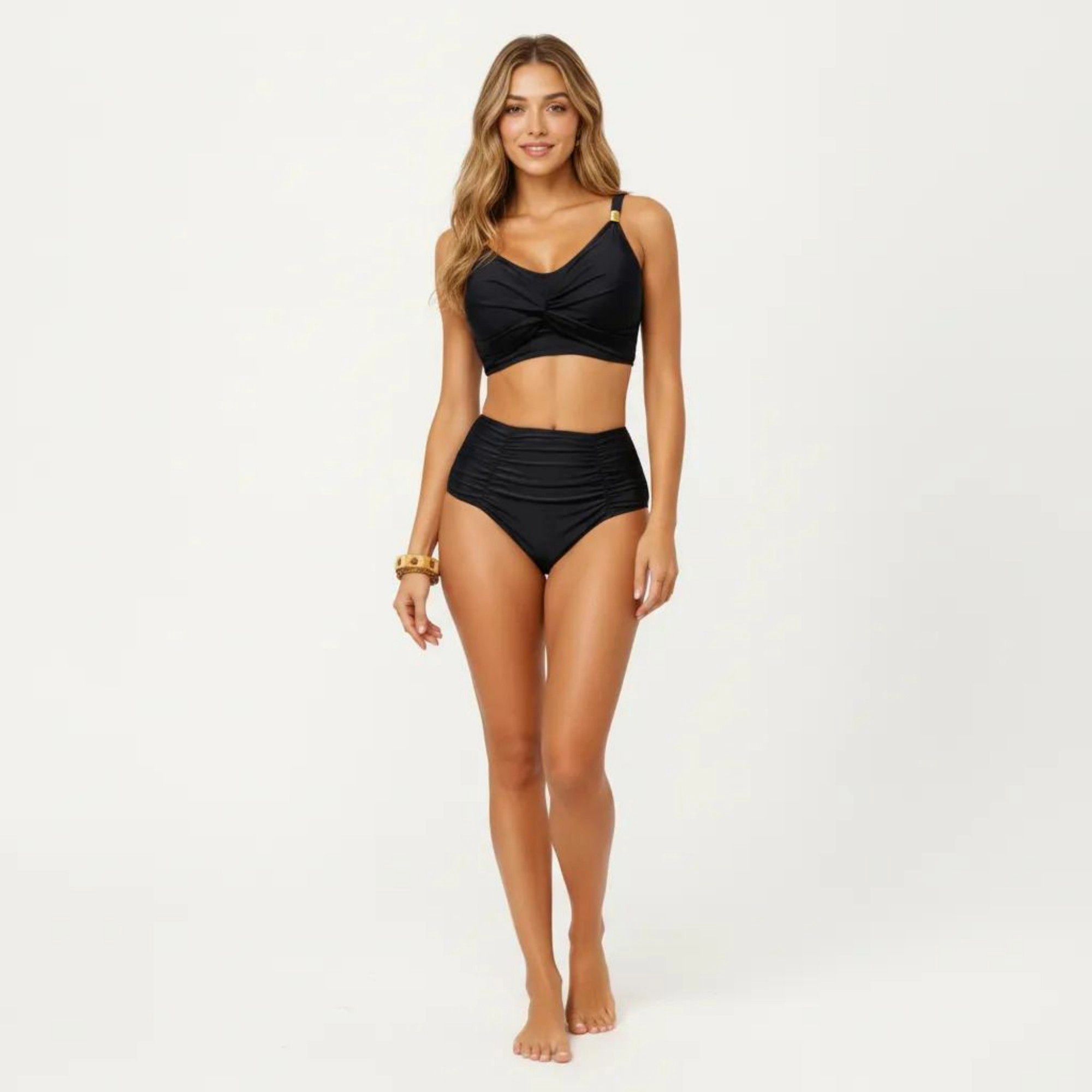 Anna-Kaci Women’s Twist Front Bralette and Ruched High-Rise Bottom, Adjustable Straps