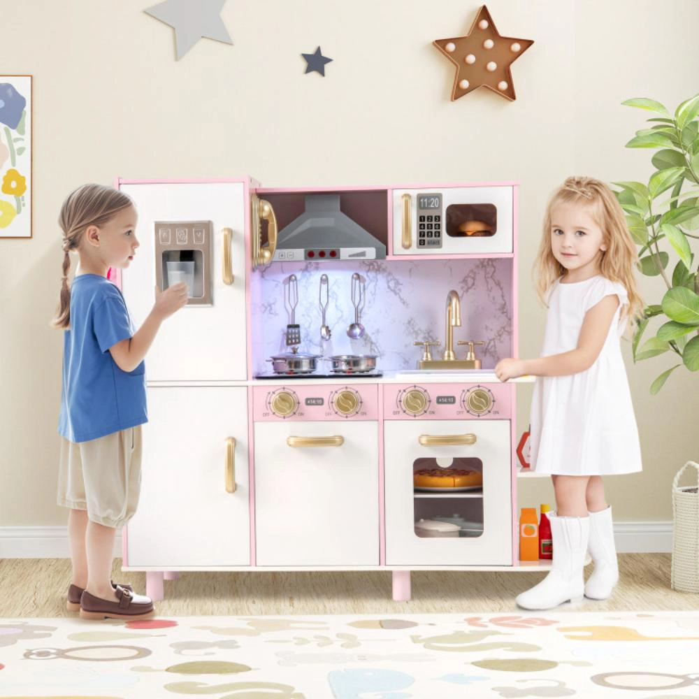 Hivvago Wooden Kitchen Playset with Ice Maker and Sounds for Ages 3+-Pink