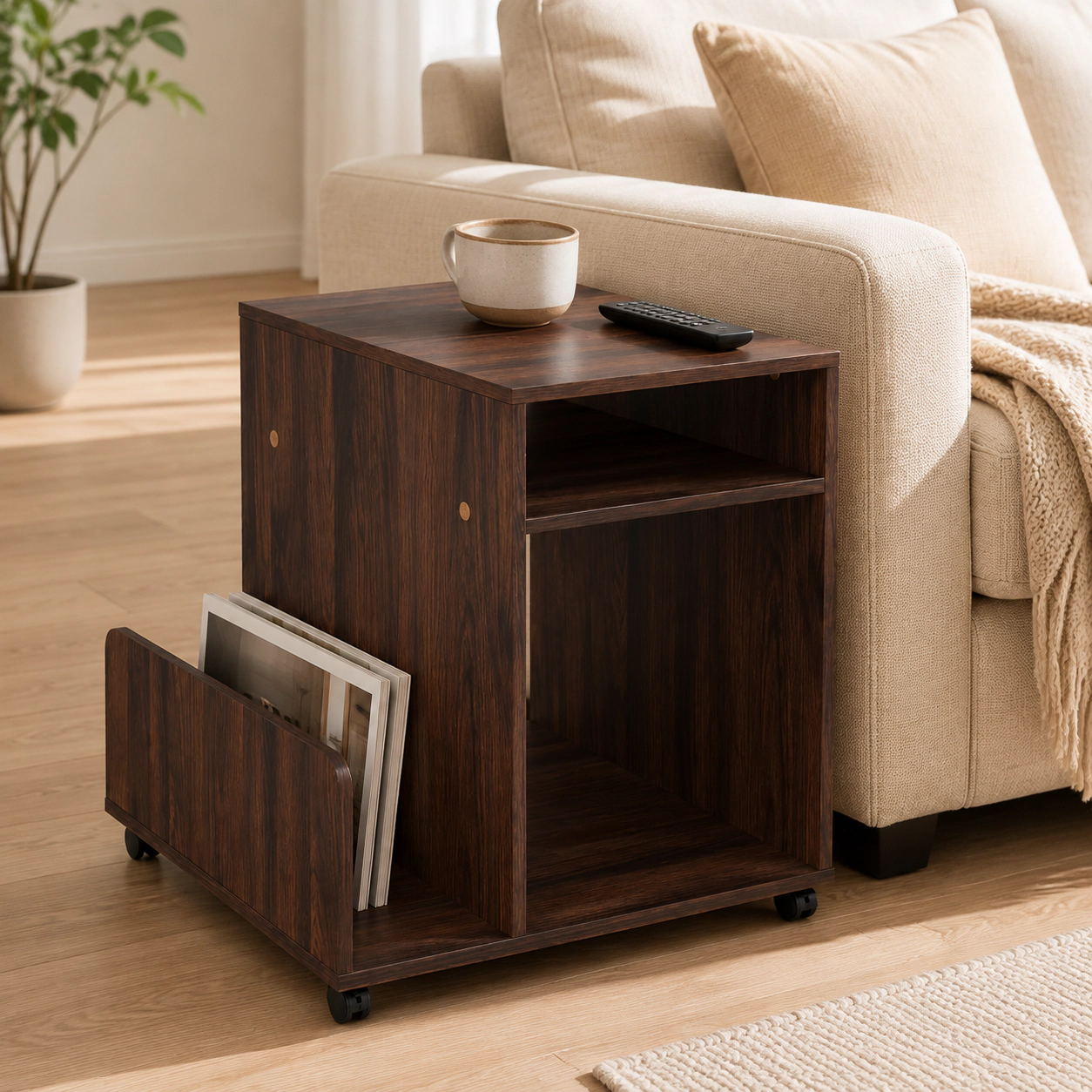 SUGIFT 3-Tier Brown Rolling End Table with Side Storage Rack and Lockable Wheels