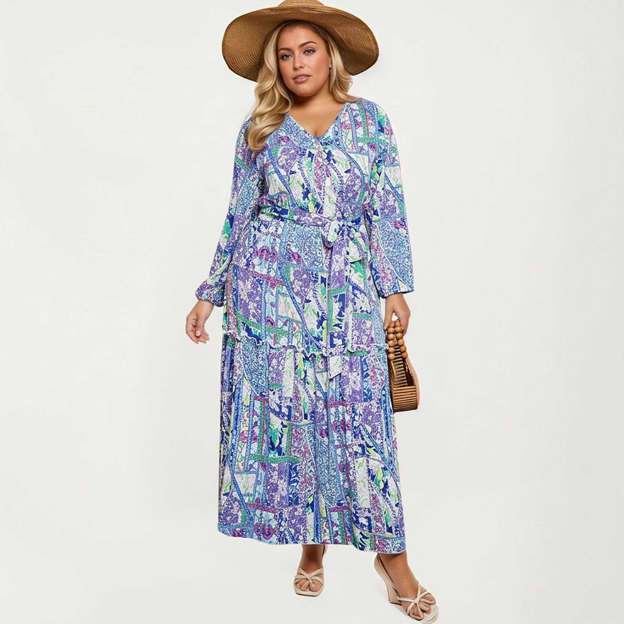 Anna-Kaci Women's Plus Patchwork Print Long Sleeve V Neck Waist Tie Tiered Skirt Maxi Dress