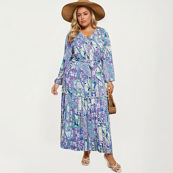 Anna-Kaci Women's Plus Size Patchwork Print Long Sleeve V Neck Waist Tie Tiered Skirt Maxi Dress