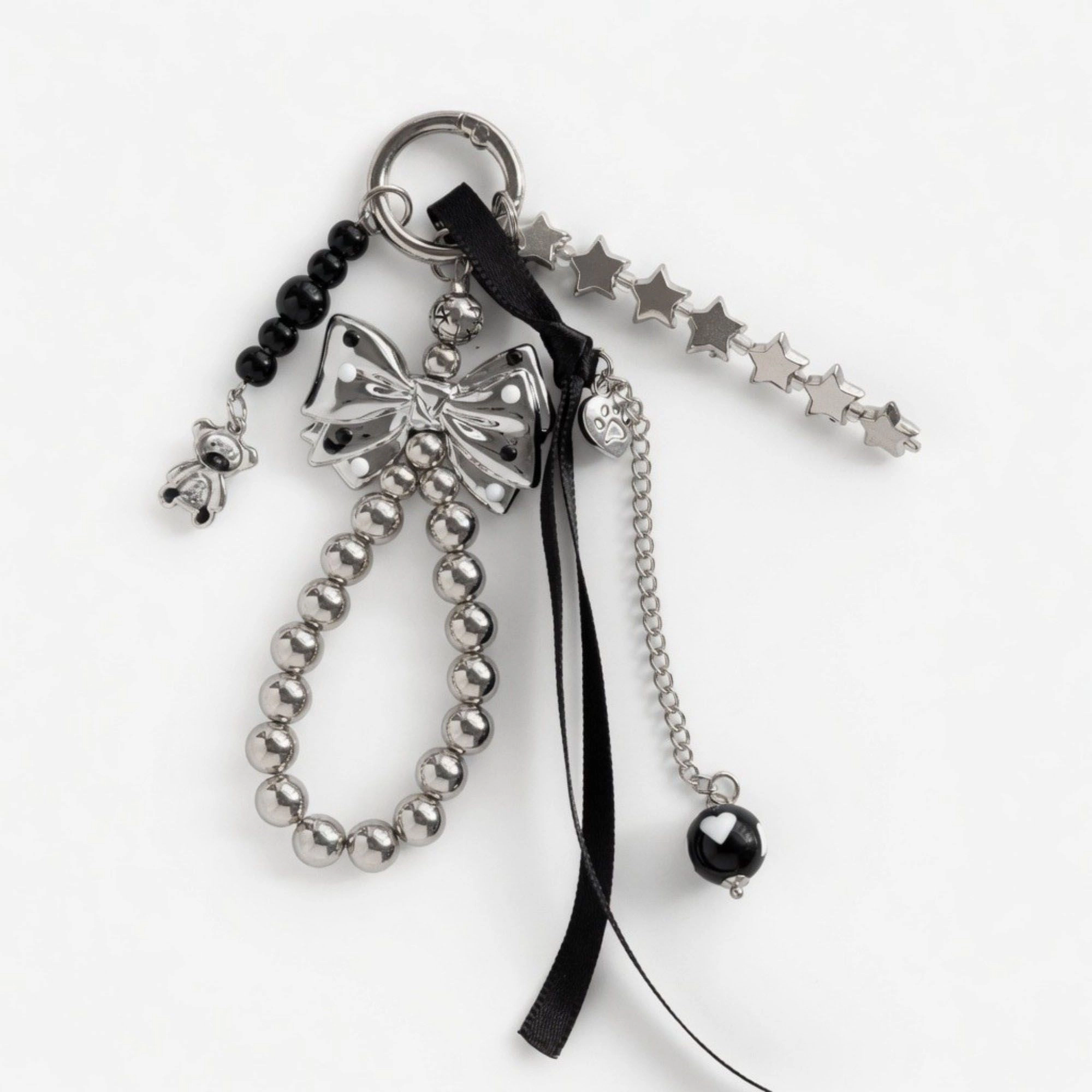 Alilang Women's Bow Beaded Charm Keychain with Star Chain Teddy Bear Pendant Ribbon Tassel Bag Charm Key Ring Accessory