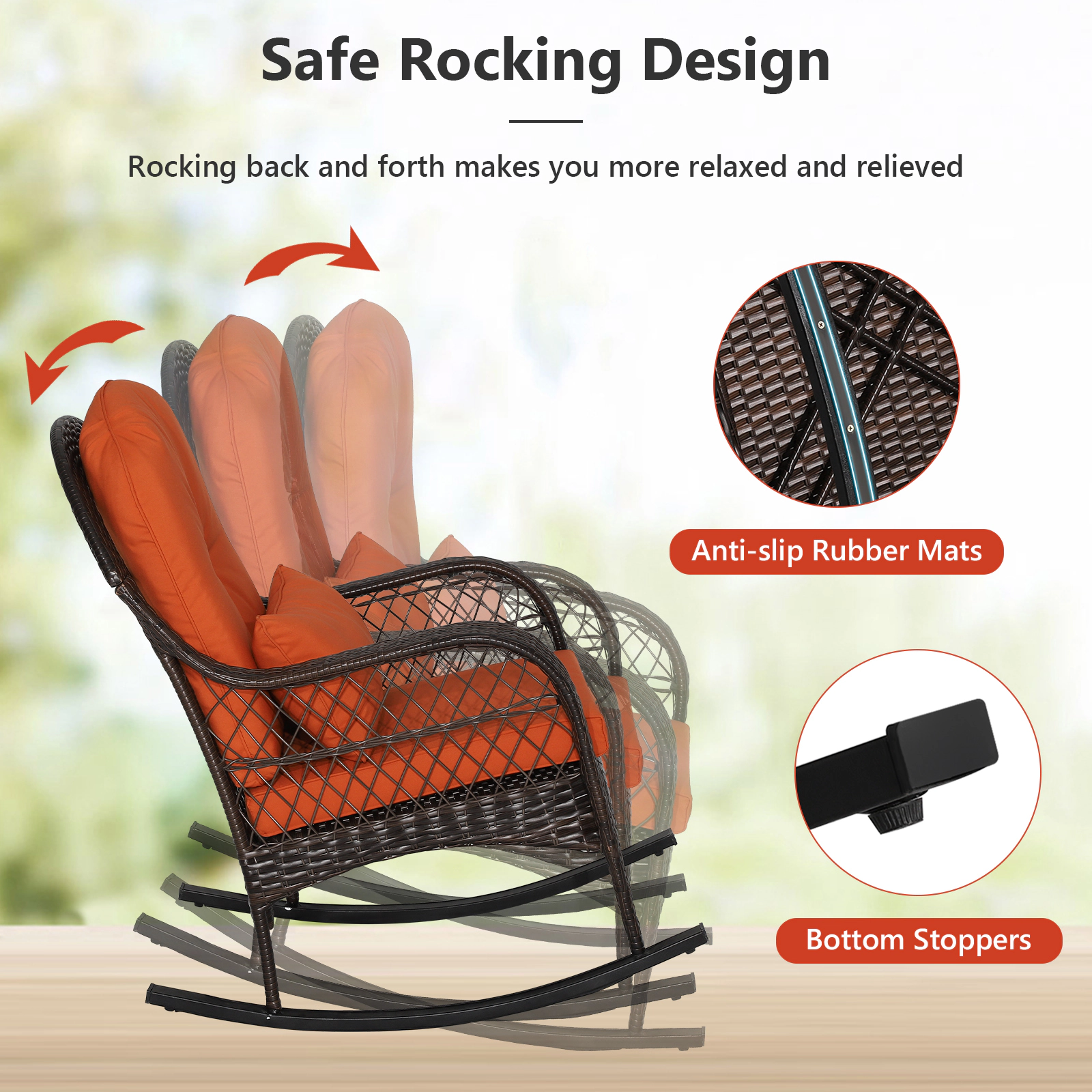 SUGIFT Outdoor PE Rattan Rocking Chair with Cushions and Lumbar Pillow