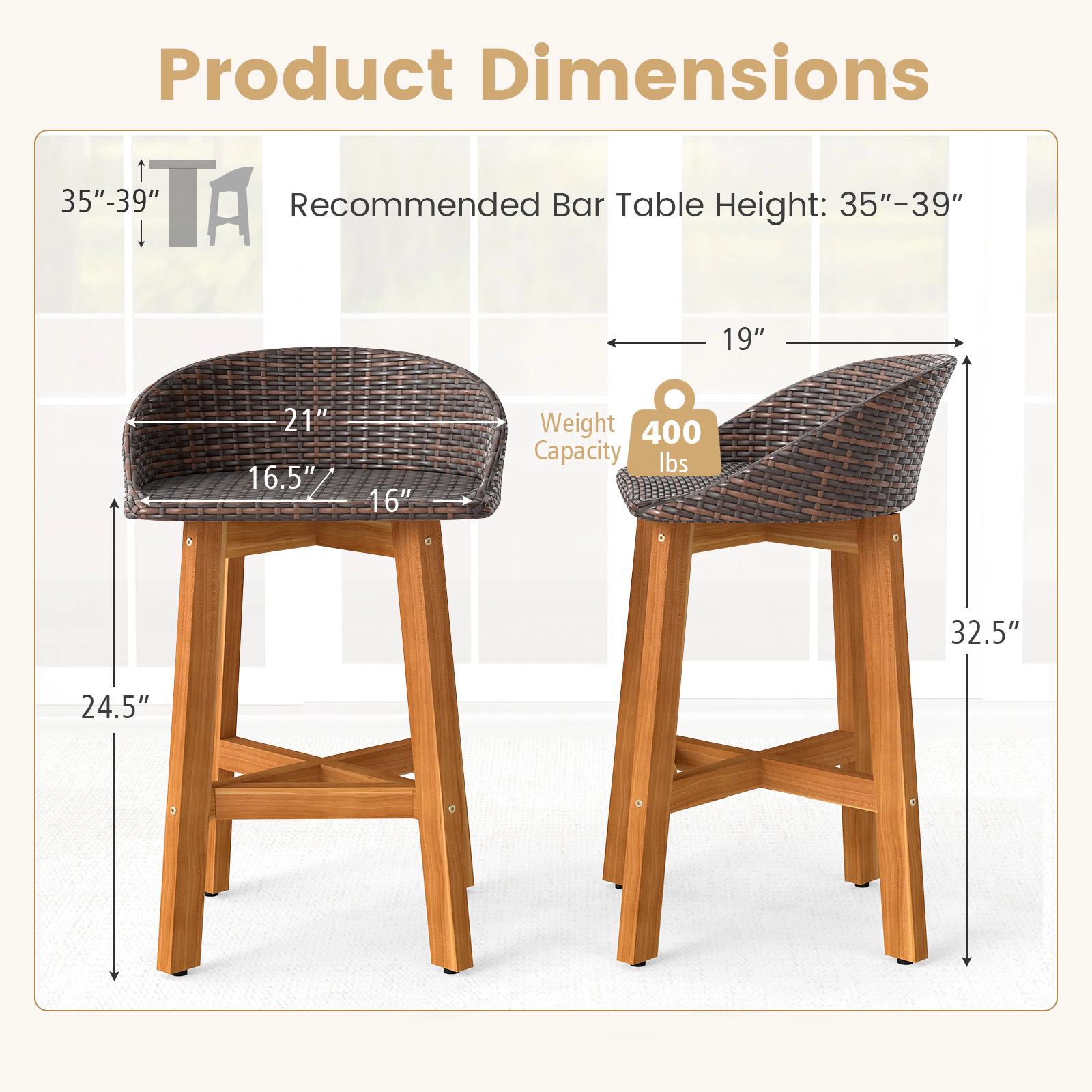 SUGIFT Acacia Wood Legs and Footrest 400-lb Set of 2 Outdoor Faux Rattan Bar Stools