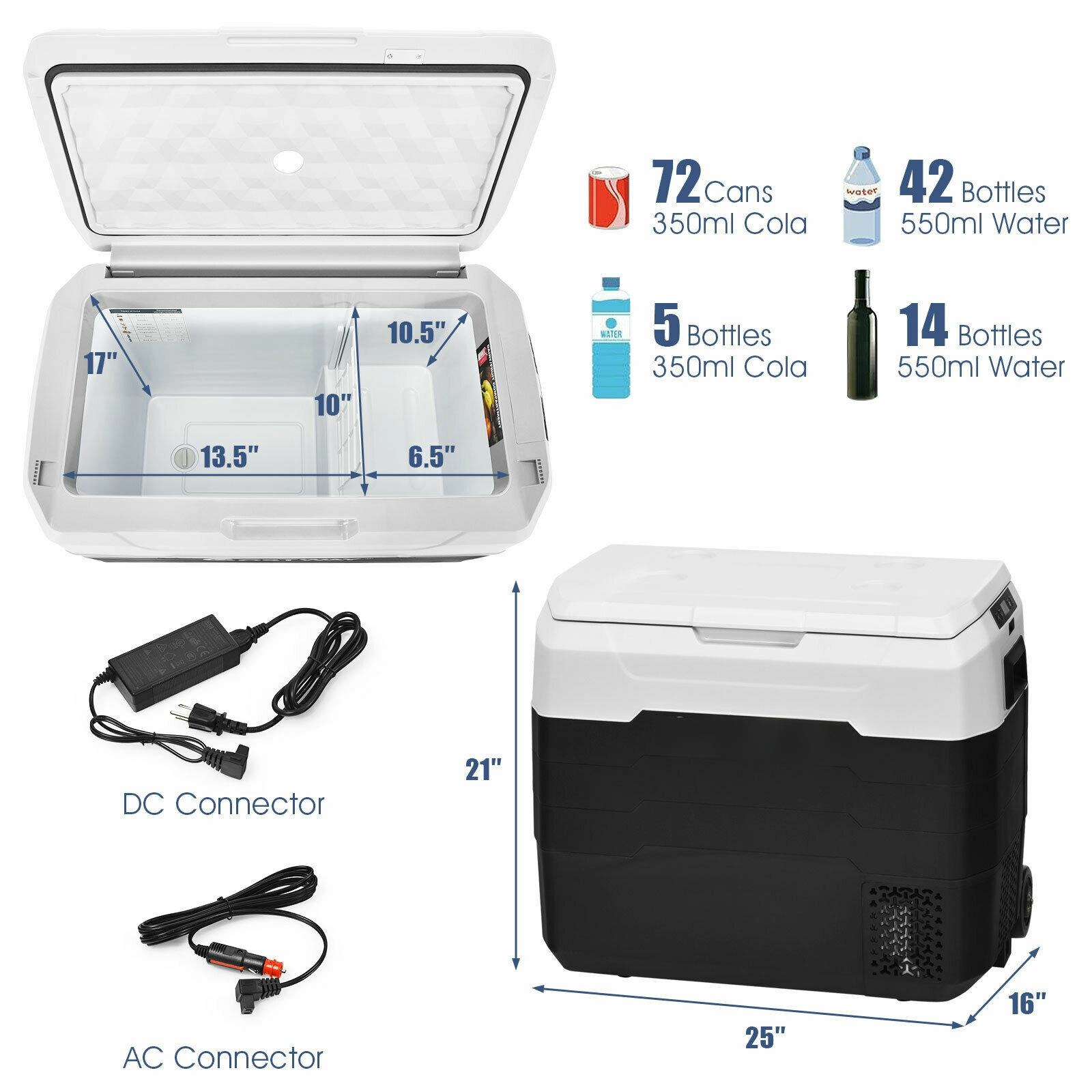 SUGIFT 42-qt 12V Dual-Zone Portable Car Refrigerator Freezer with Wheels Telescopic Handle and LED Display
