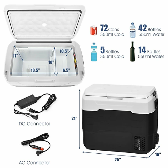 SUGIFT 42-qt 12V Dual-Zone Portable Car Refrigerator Freezer with Wheels Telescopic Handle and LED Display