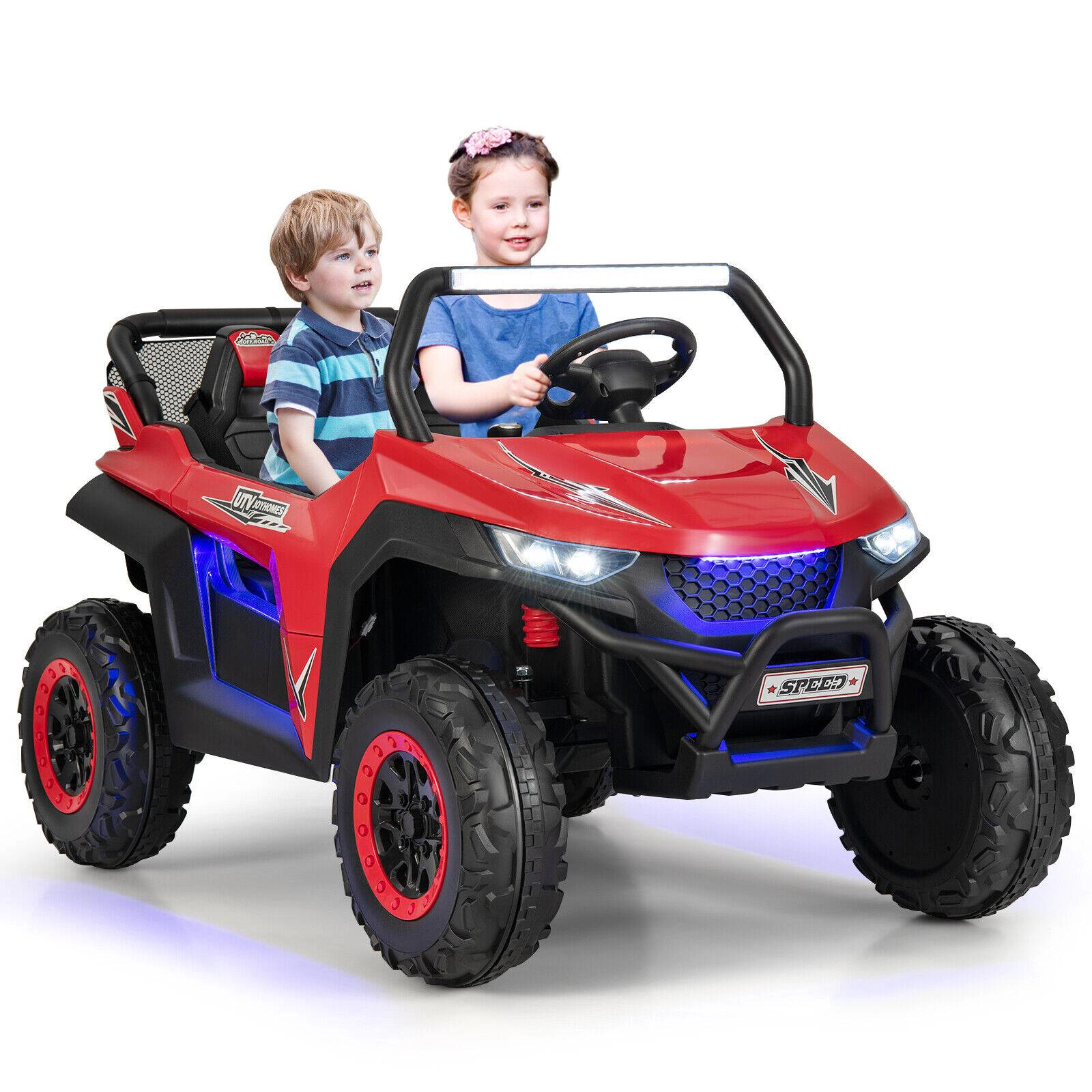 SUGIFT Red Slow Start Music Headlights and Storage Bag Kids 12V 2 Seater Ride On UTV