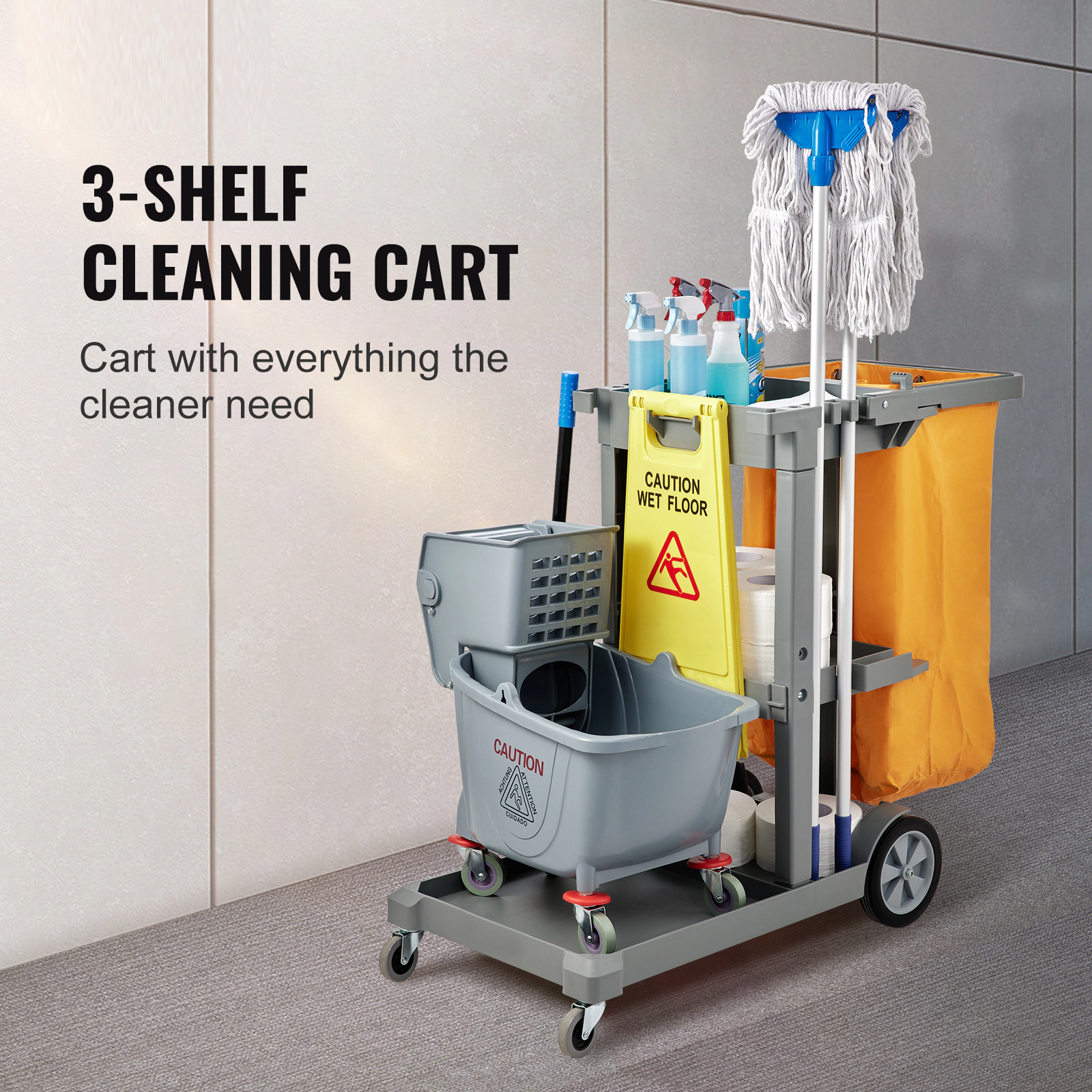 HONGGE Cleaning Cart 3-Shelf Commercial Janitorial Cart 200 lbs Capacity Plastic Housekeeping Cart with 25 Gallon PVC