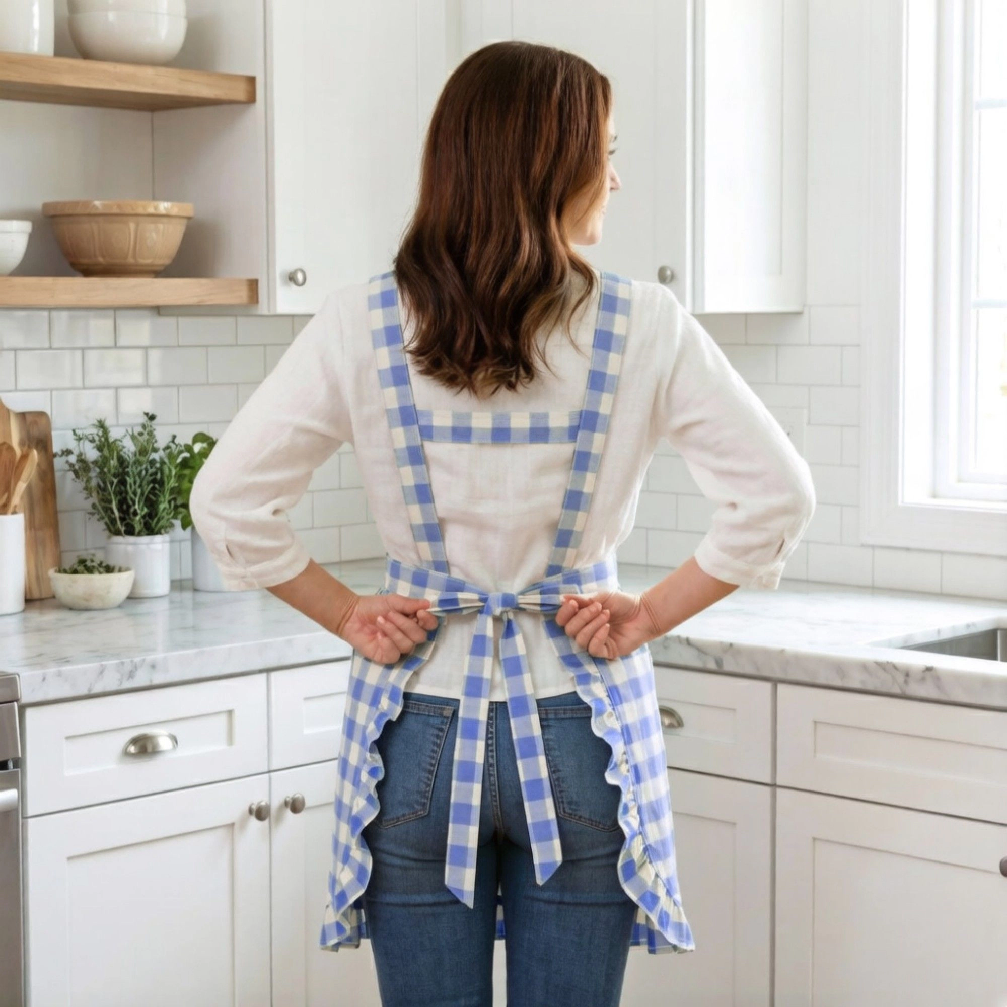 Alilang Women Gingham Kitchen Apron with Ruffle Trim Adjustable Waist Ties Lace Bib Detail and Front Pocket