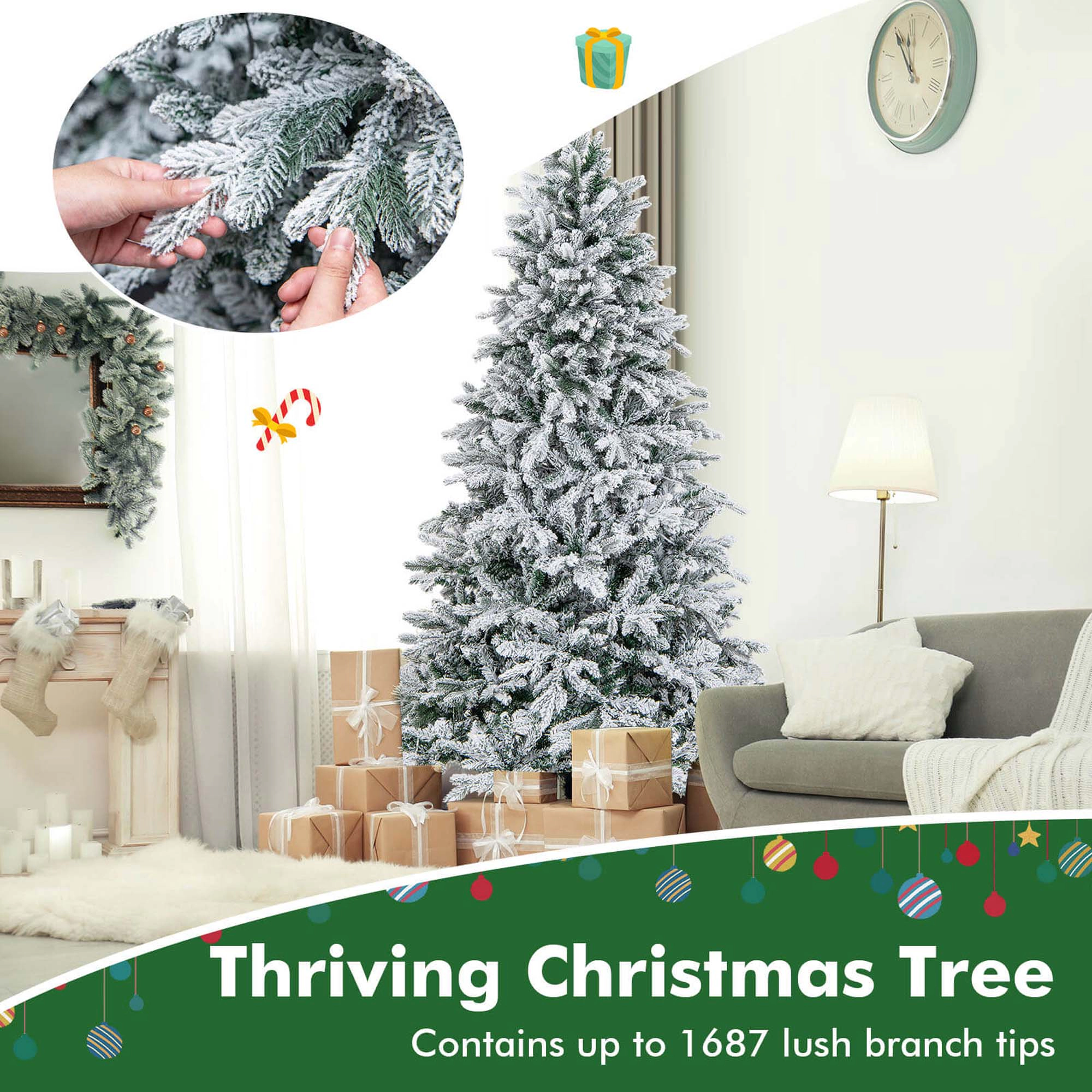 Costway 4.5 FT Pre-Lit Flocked Christmas Tree Hinged w/ 120 LED Lights & 757 Branch Tips