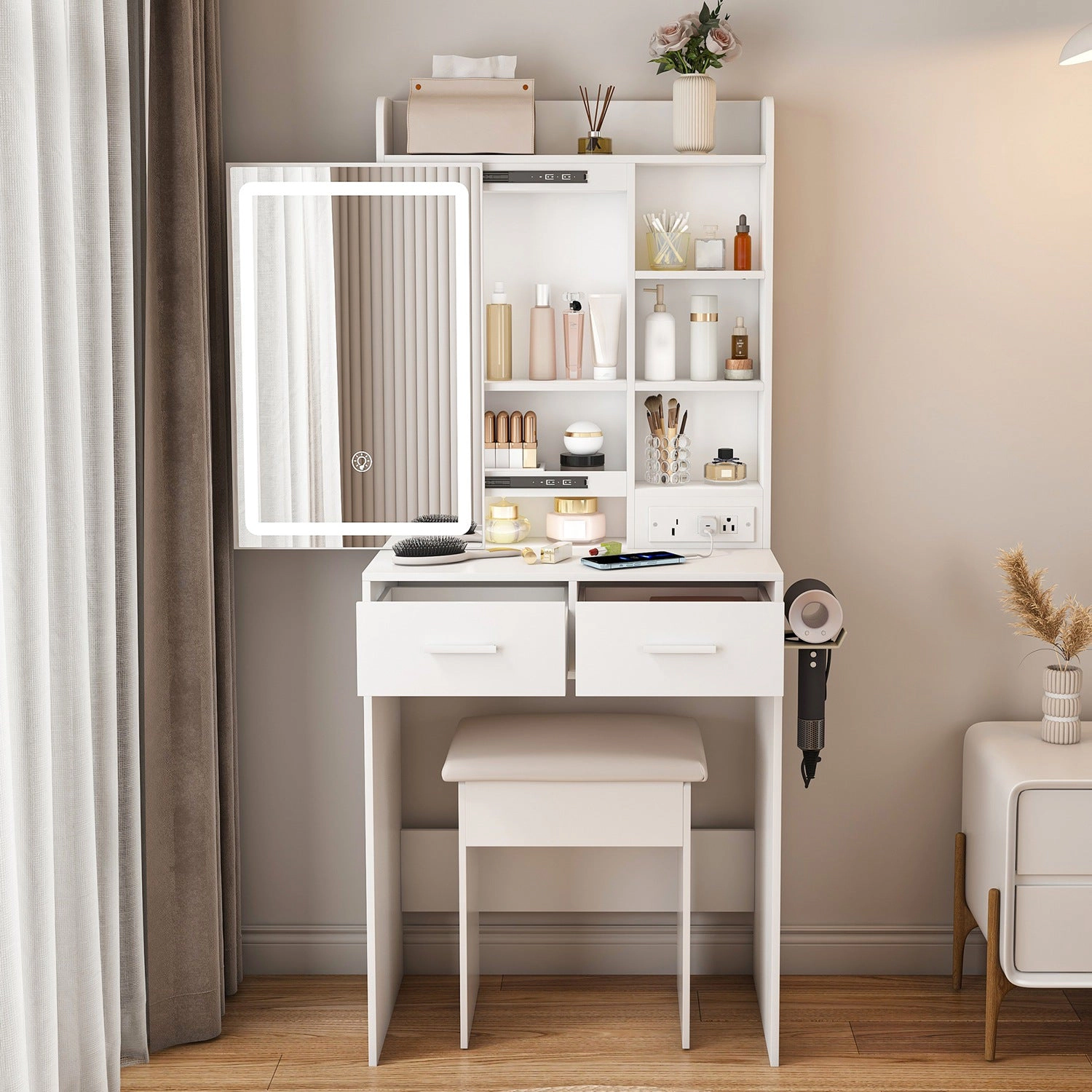 GBruno LED Lighted Vanity Desk Set With Padded Stool