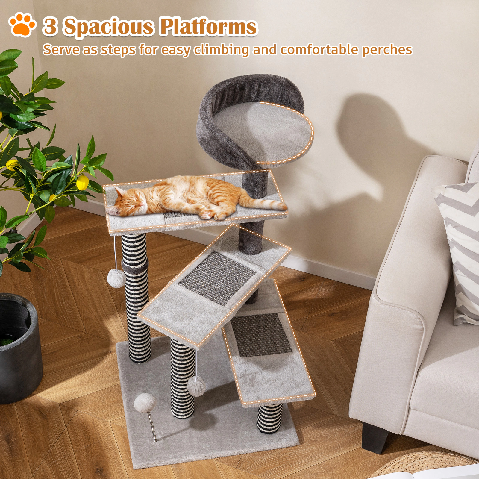 Glintex 37-Inch Kitten Tower with Sisal and Jute Scratching Posts and Spring Ball, Gray