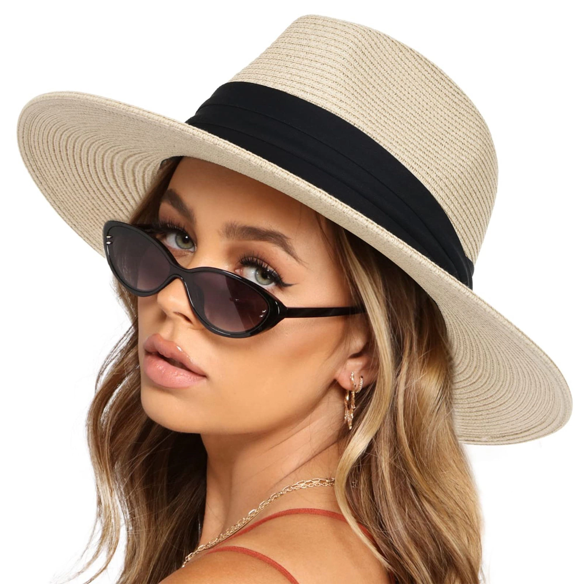 Anna-Kaci Women's Wide Brim Straw Fedora Sun Hat with Black Band Lightweight Packable Summer Panama