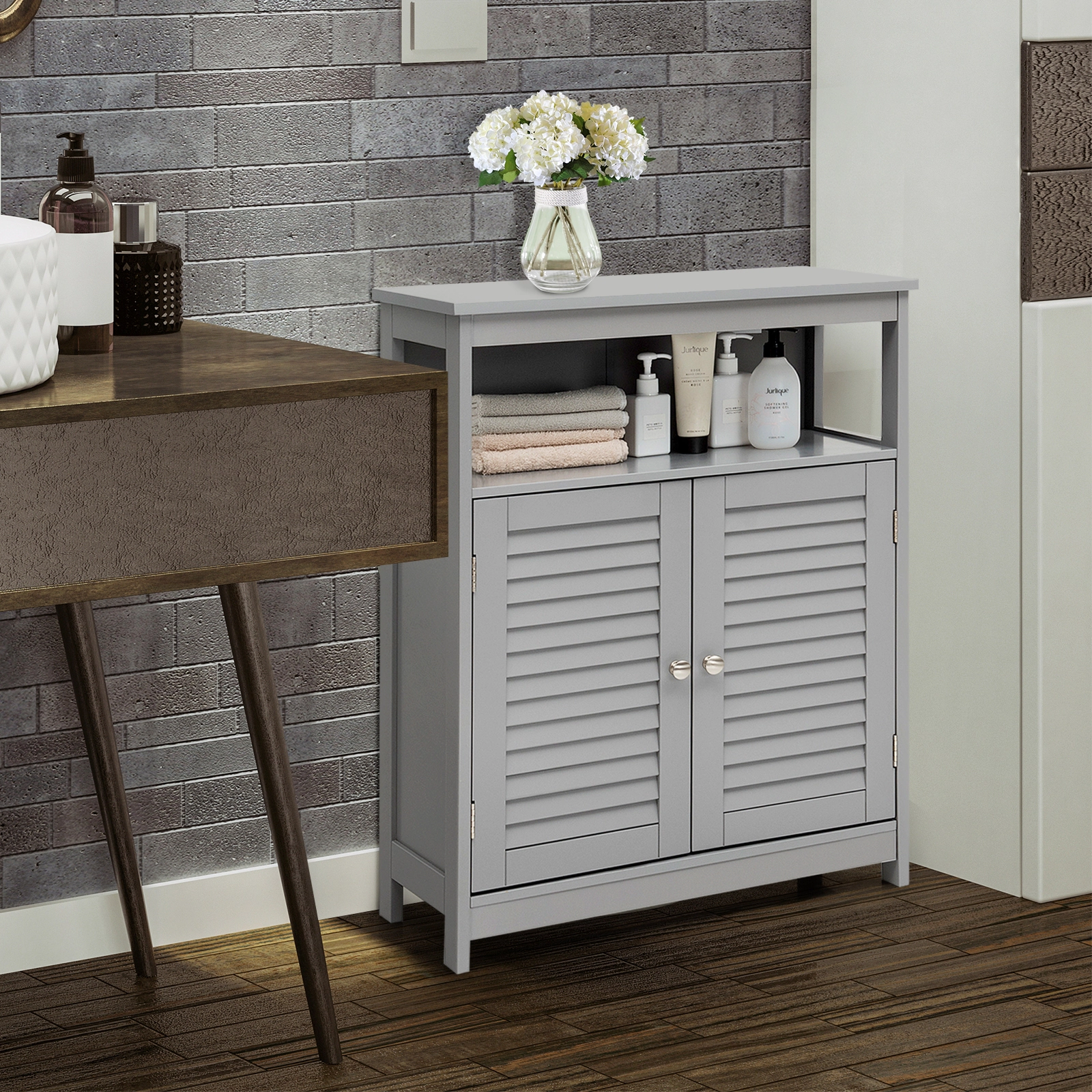 SlickBlue Freestanding Bathroom Cabinet with Open Shelves and Doors
