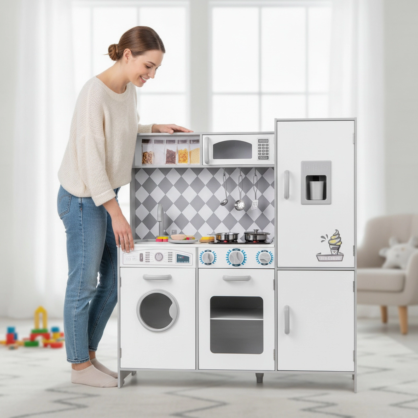 Pretend Play Kitchen for Kids with Light Up Stove Real Sounds Washing Machine and Ice Maker 36-in x 12-in x 40-in White