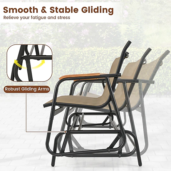 LJG Patio Glider Bench with Curved Teak Armrests and Breathable Fabric Seat for 3 People