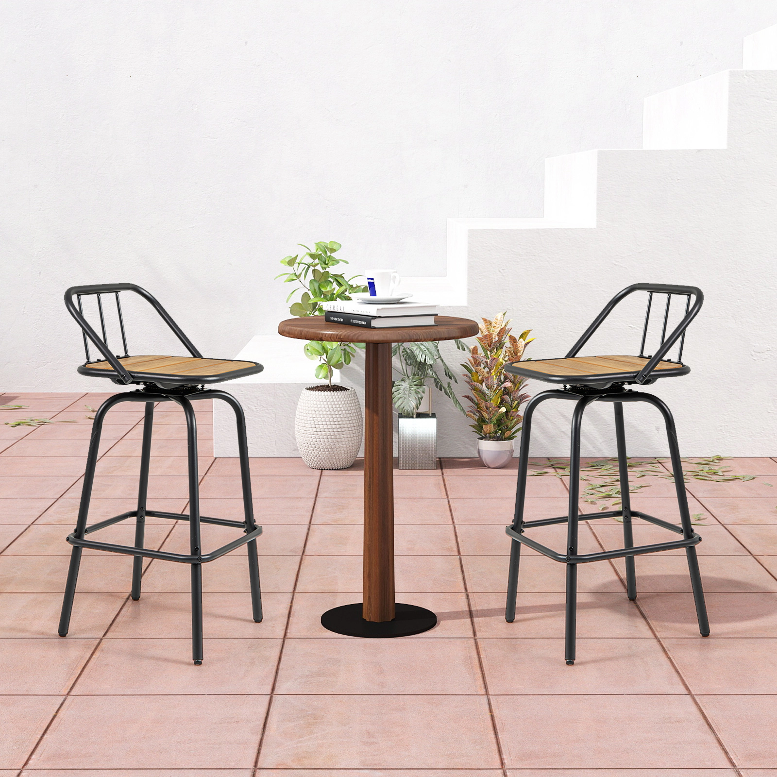 SUGIFT 360° Swivel Bar Stool Set of 2 with Curved Backrest and Footrest 275-lb Capacity Black + Natural