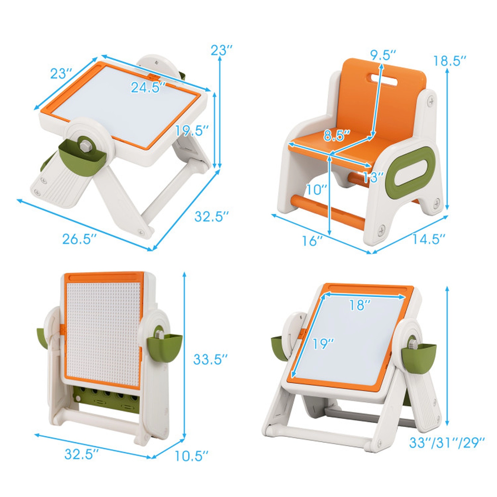 SUGIFT Orange Folding Art Easel and Storage Baskets Kids 6-in-1 Activity Table and Chair Set