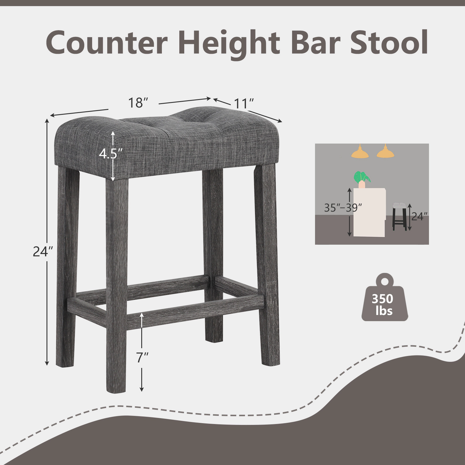 SUGIFT Set of 2 Gray 24-Inch Backless Linen Saddle Bar Stools
