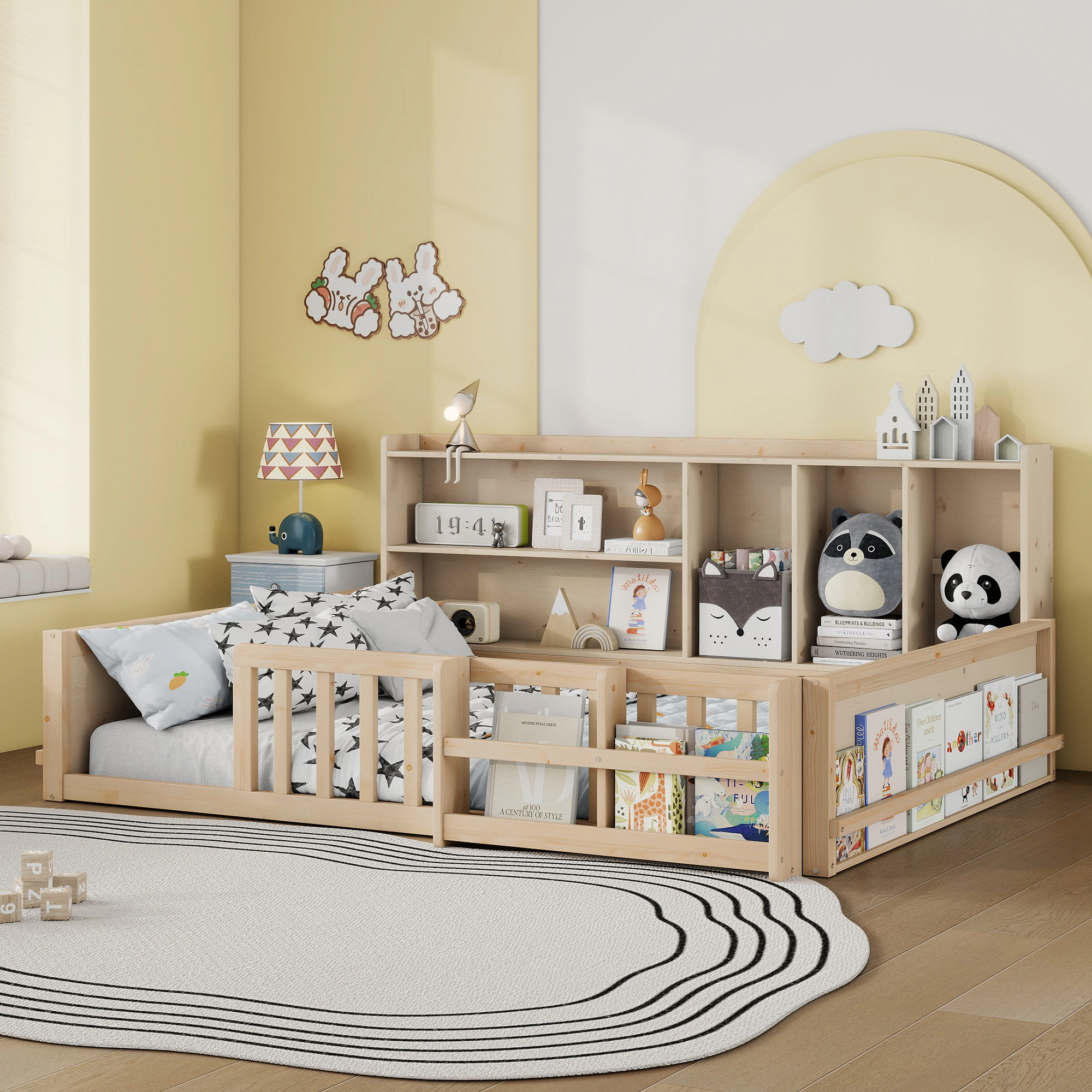 Flynama Full Kids Wood Platform Bed, Guardrail Fence & Storage Shelves, Natural