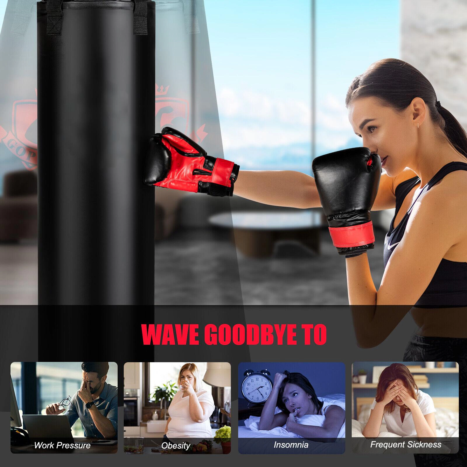 SUGIFT Black 63-lb Adult Filled Punching Bag Set with Boxing Gloves and Hand Wraps 12-in W 12-in D 39.5-in H