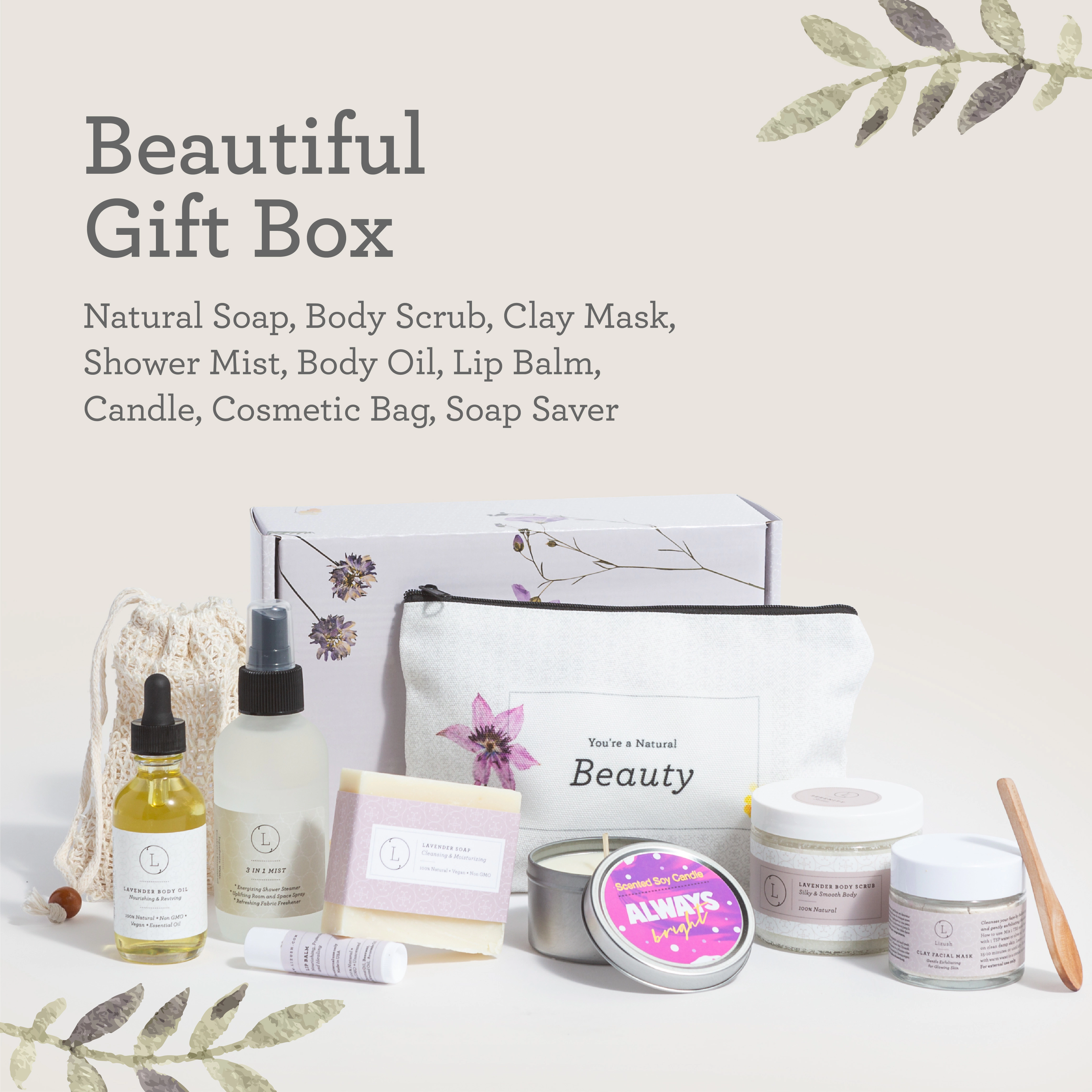 Lizush  Lavender Spa Gift Box - Natural Lavender Bath & Body Relaxing Gift Set for Women