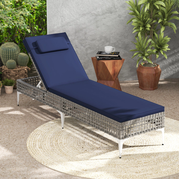 Hivvago Patio Chaise Lounge Chair With 6-Level Adjustable Backrest And Headrest For Poolside-Navy
