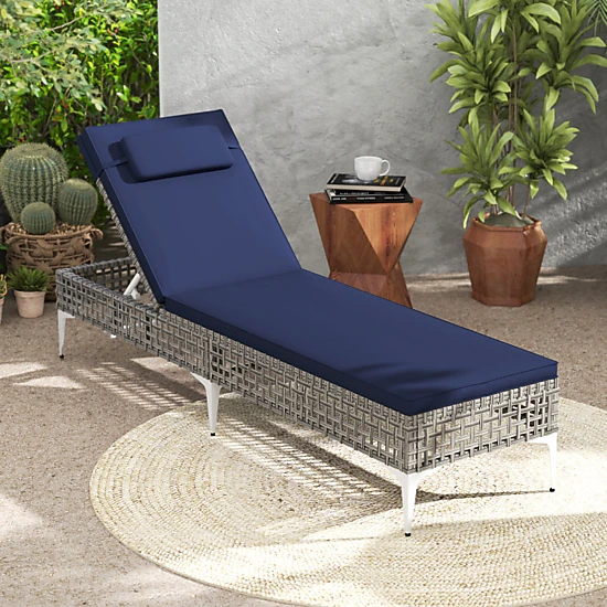 Hivvago Patio Chaise Lounge Chair With 6-Level Adjustable Backrest And Headrest For Poolside-Navy