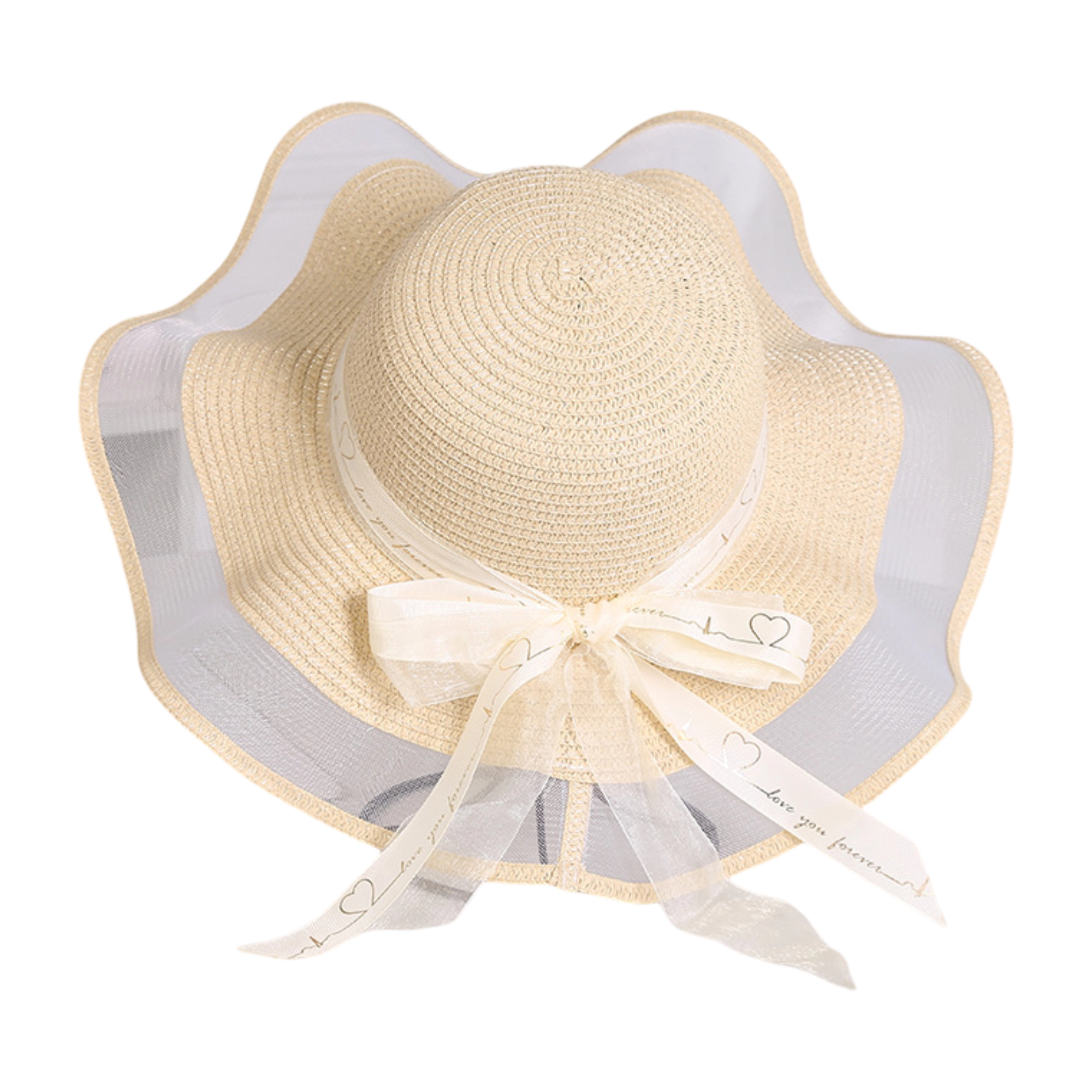 Anna-Kaci Women's Wide Brim Straw Sun Hat Sheer Mesh Trim Bow Ribbon Summer Beach Elegant Style