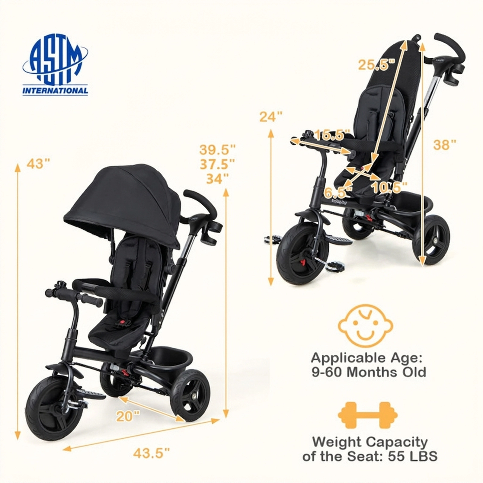 SUGIFT 4-in-1 Reversible Seat Baby Tricycle Stroller with 5-Point Harness 55-lb Seat Capacity Ages 9-60 Months Black